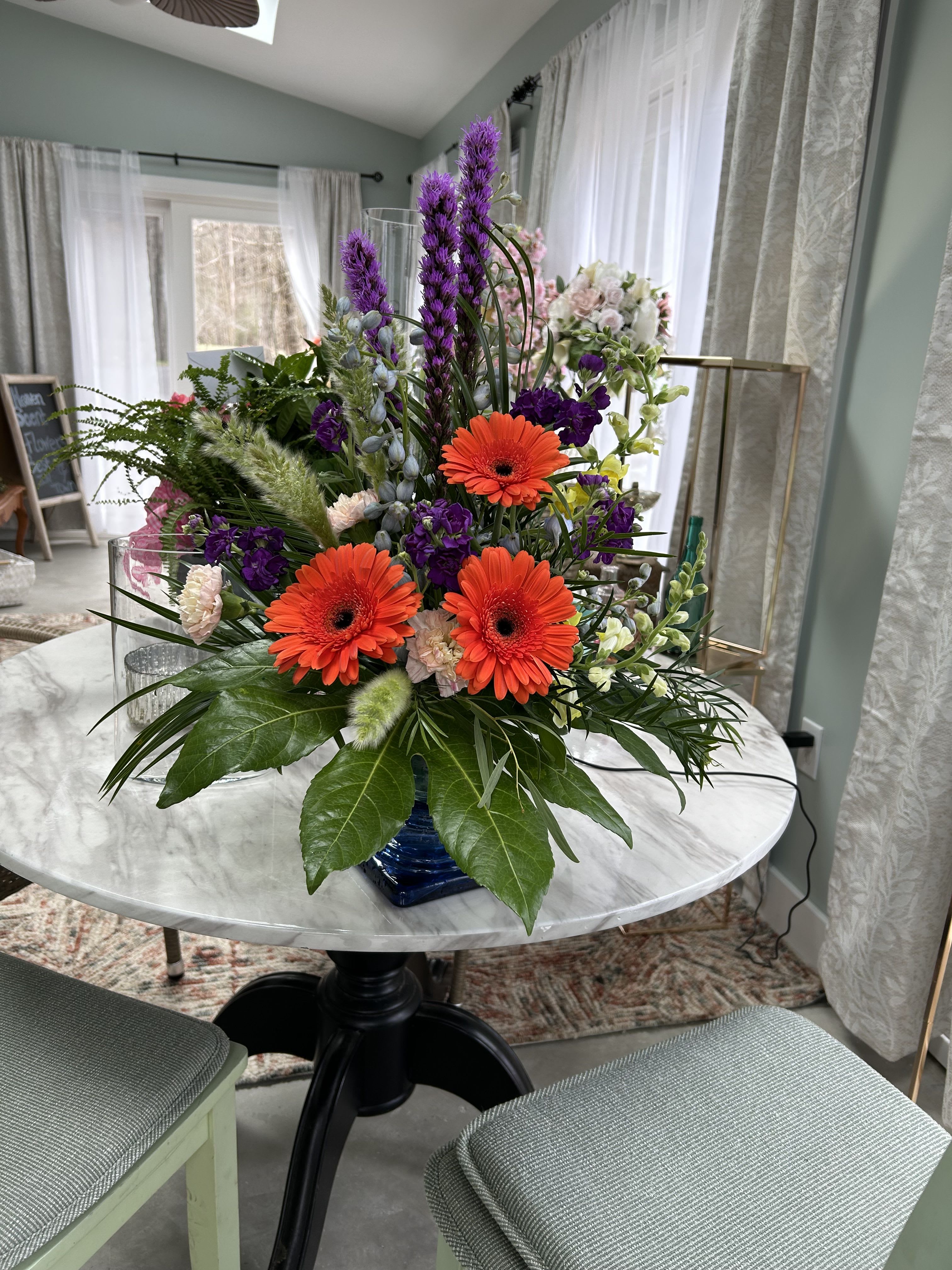 Tropical Delight - Gerbera Daisies, Liatris, stock, snapdragons, monstera leaves 