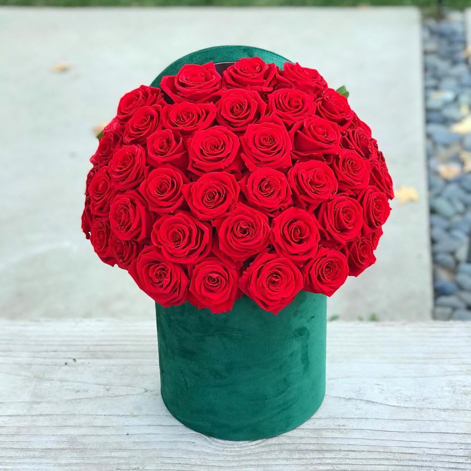 50 preserved rose box 50 preserved rose box - Our everlasting rose box is full of gorgeous red preserved roses that lat up to 1 year. They come in a luxurious emerald green velvet box perfect for the holiday season. If you would like this arrangement in a different color, please mention in the special instructions at checkout.