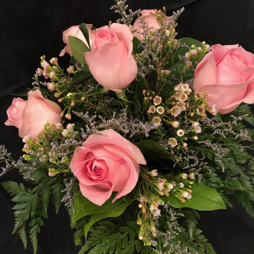 Blooming Love  - 1/2 Dozen long stem pink roses, accent flower, and greenery arranged in a glass vase