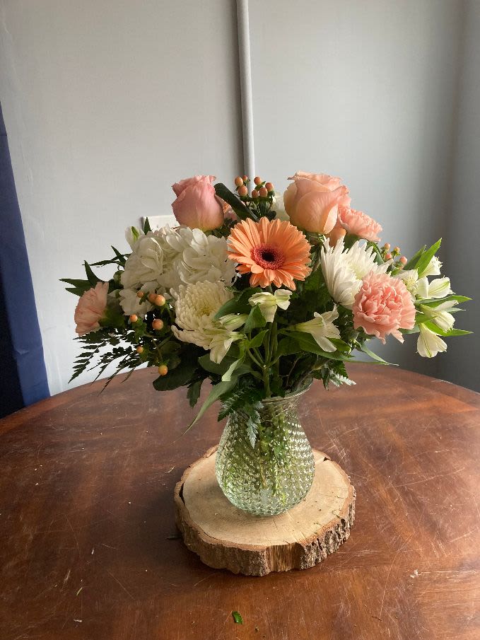 peachy  - mixed vase with white and peach flowers to include, roses, carnations, hydrangeas and peonies