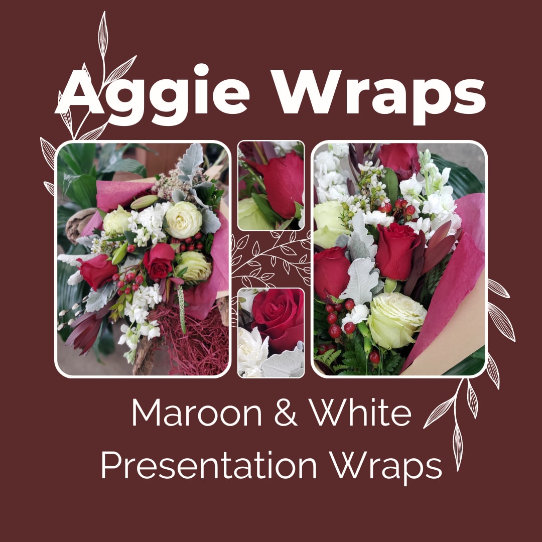 Aggie Wraps - WHOOP! Celebrate your favorite aggie's ring day, graduation, or a passing grade! These wraps are accented with decorative celophane, a rustic twine bow, and sturdy craft paper.  **Florals included in wrap may change due to availability, but will remain maroon &amp; white**