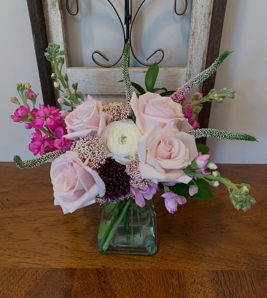 Sweetie Pie - An elegant mixed fresh cut consisting of Roses, Scabiosa, Ranunculus, Stock, Veronica, and Rice Flower.