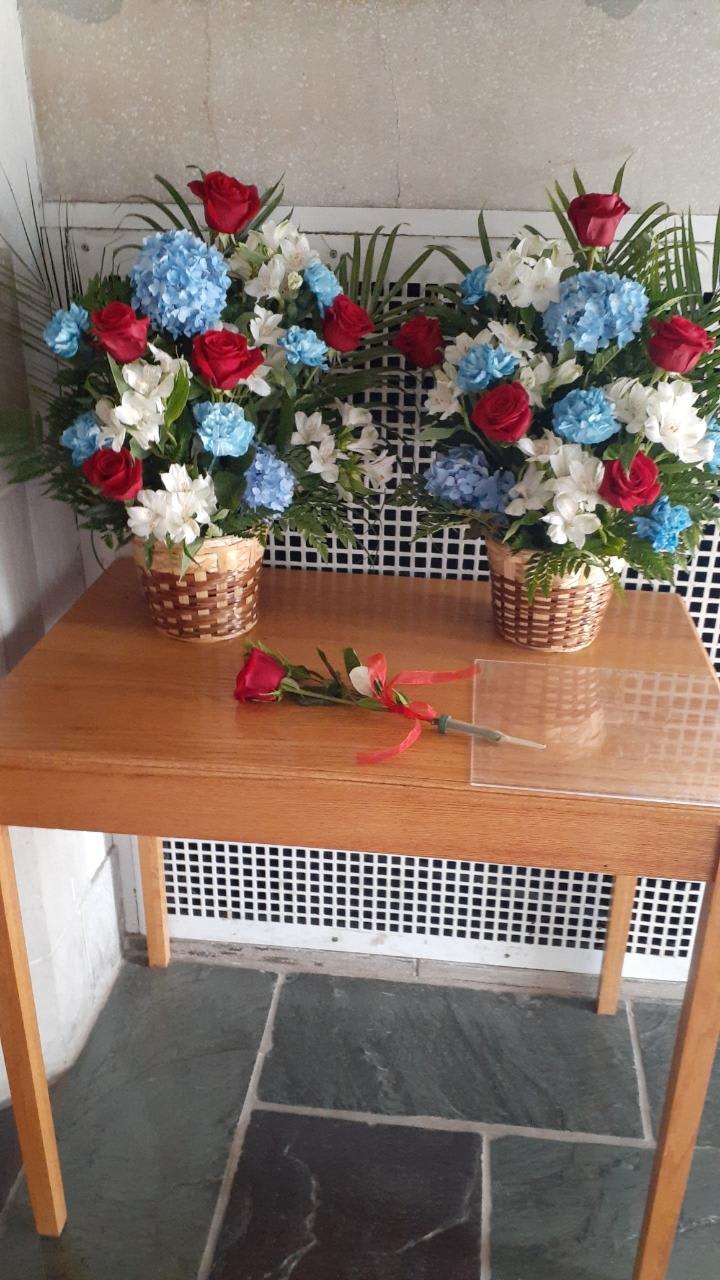 Spirit Bouquet - Patriotic colors sent to enhance the spirit of the occasion to include roses and hydrangeas and delivered to the home or to the service