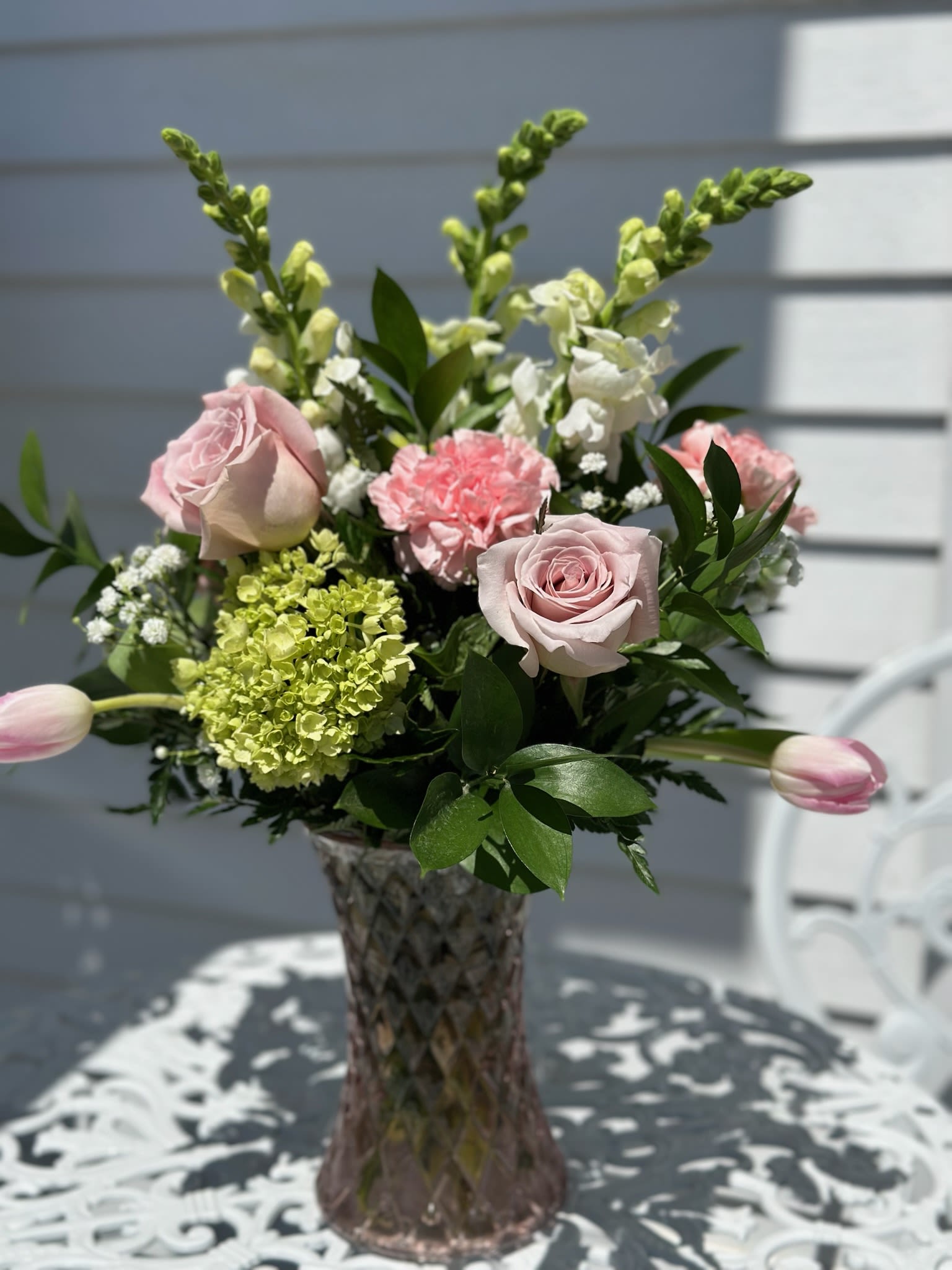 Thoughtfulness Bouquet - Snapdragon, roses, hydrangea, tulips, carnations and baby's breath designed in a vase