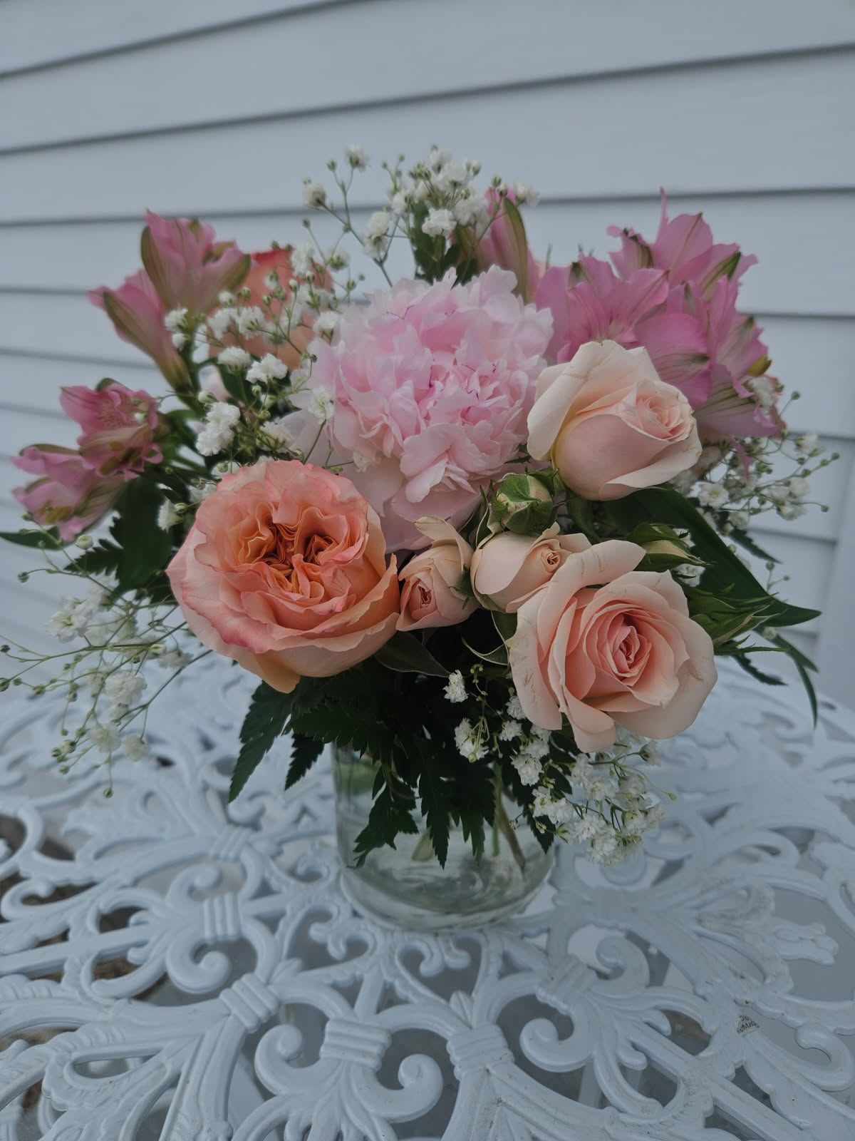  Just Peachy Bouquet - Peach garden roses, spray roses, peonies, alstromeria and baby's breath arranged in a vase