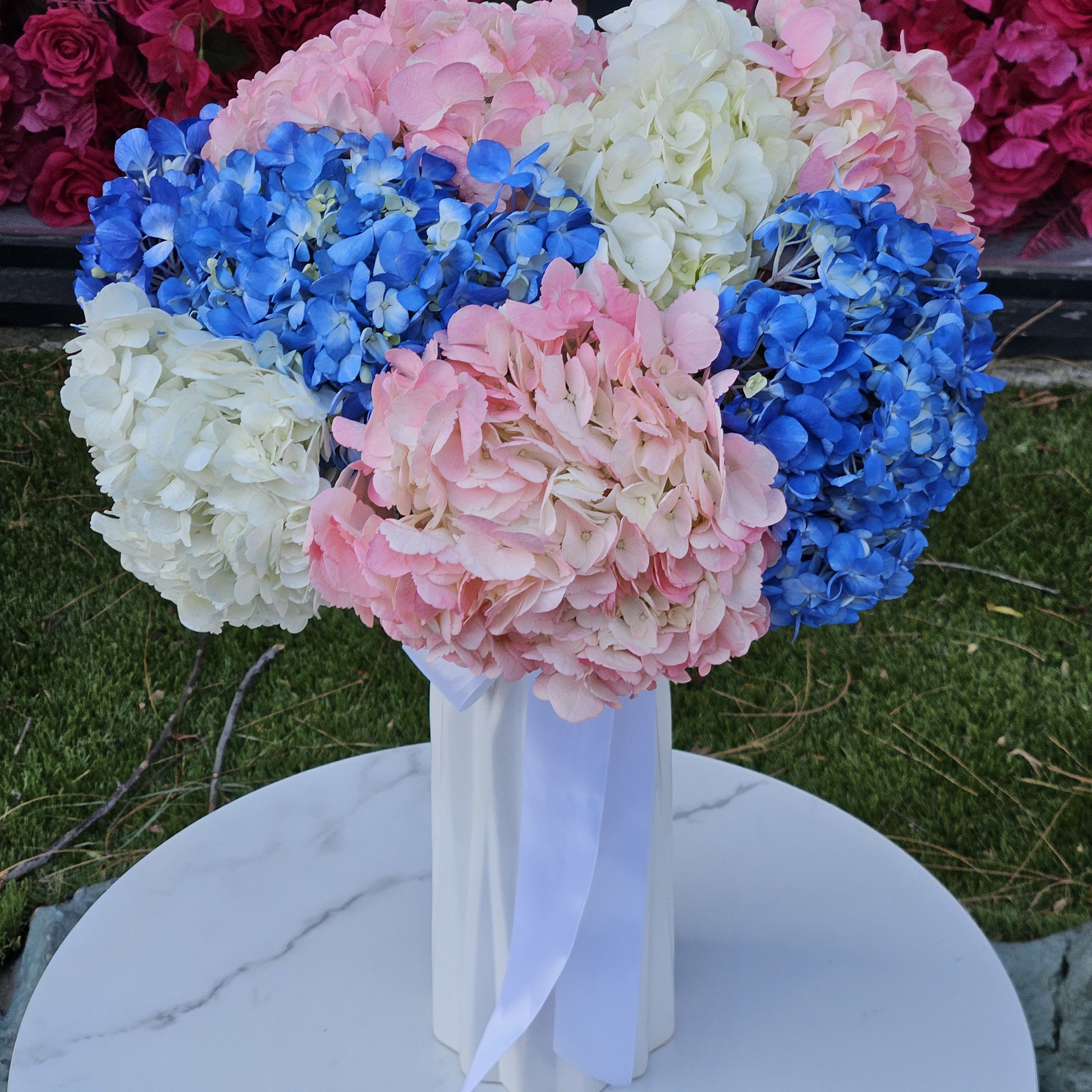 Hydrangea Harmony  - Our Pink, Blue, and White Hydrangea Bouquet features stunning hydrangeas beautifully arranged in soft, pastel hues. This gorgeous bouquet is the perfect gift for any occasion, whether it’s a gender reveal, welcoming a new baby, celebrating a birthday, or simply brightening someone’s day. 