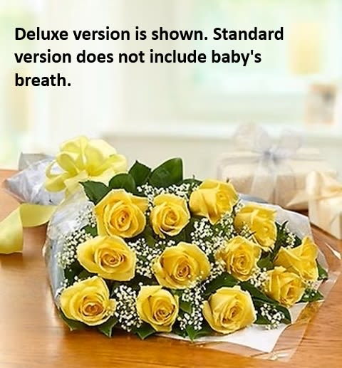 Yellow Rose Bouquet - One dozen yellow roses wrapped presentation style. Ready for you to arrange in your own vase. Standard version dose not include baby's breath. deluxe version is shown. to include baby's breath select deluxe version