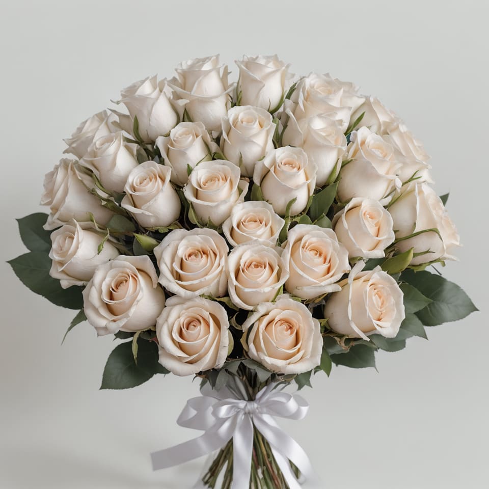Bouquet Of 100 White Roses - An opulent bouquet of 100 white roses is a manifestation of pure elegance and timeless beauty. These exquisite white flowers symbolize purity and grace, making this lavish bouquet an impeccable gift for life's most extraordinary moments. It radiates a sense of profound respect and a desire to convey the utmost purity of emotions. This luxurious bouquet is perfect for weddings, enchanting celebrations, or other significant occasions. Gift this bouquet to express your deepest emotions and create an ambiance of enduring beauty.