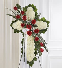 Cross Arrangement Stand  - Our Cross Arrangement comes in two sizes 22&quot; and 24&quot;. The flowers and colors can be adjusted as you prefer. Please leave us a note with the colors your prefer. 