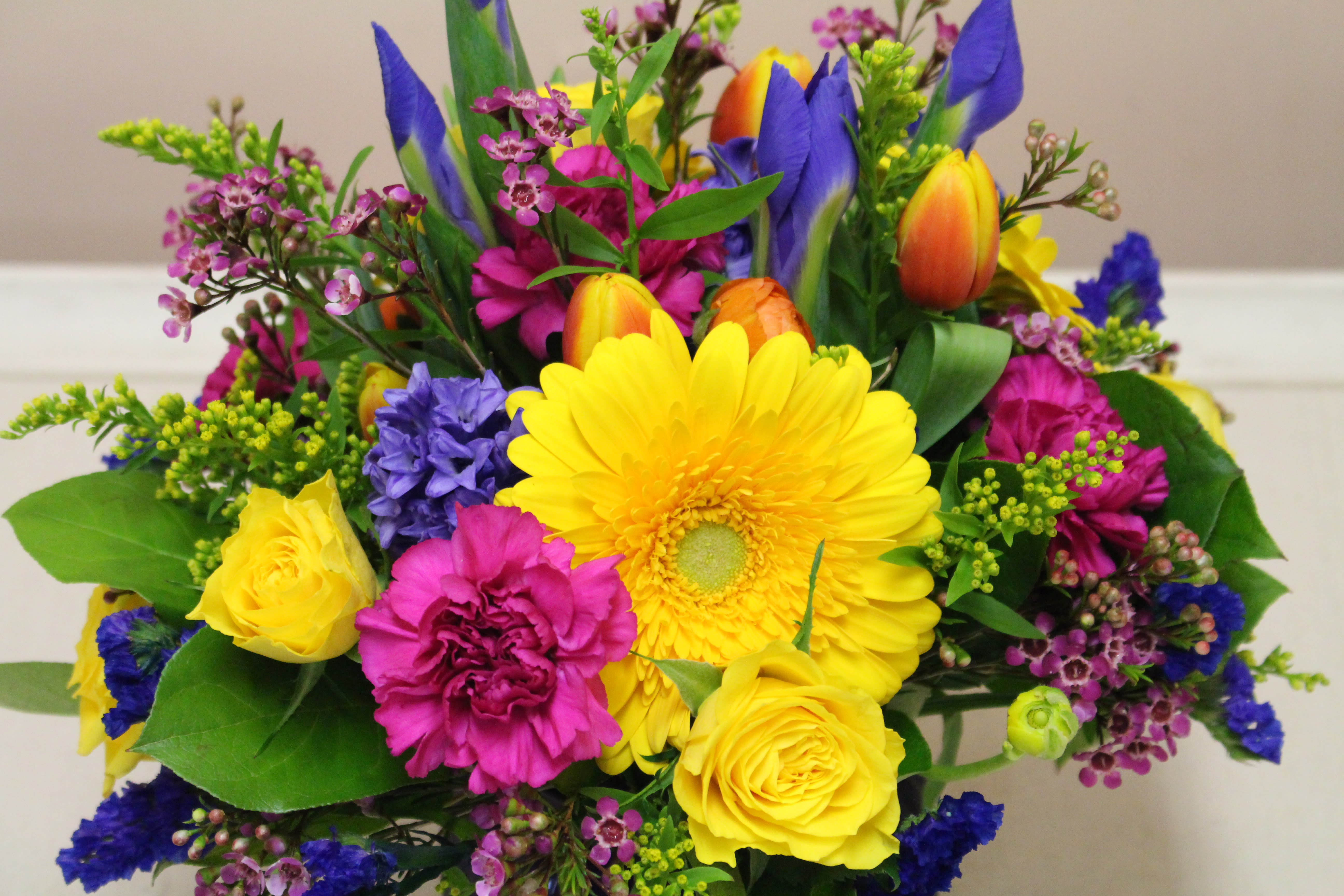 cobalt country blues - A cobalt blue vase is filled with a summer arrangement including tulips, gerberas and iris.  Sure way to brighten up someone's day