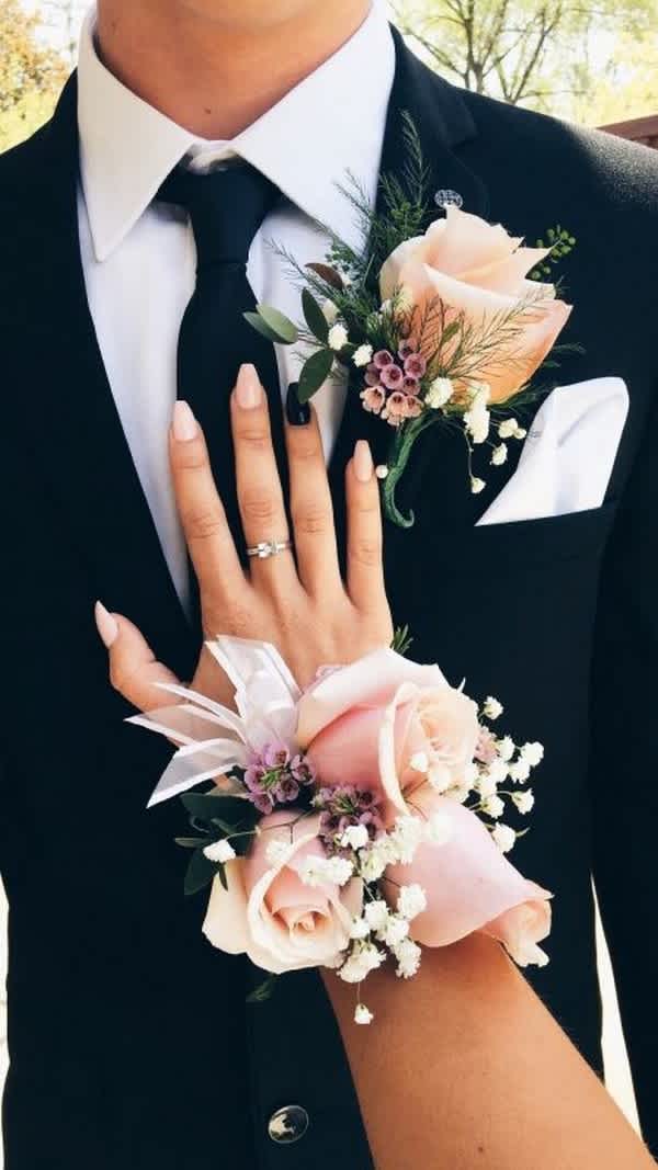 Pink prom corsage &amp; Boutonniere set. - pink rose with baby breath greens, pink ribbon (colors of flowers and ribbon can be changed)   need 2 days advance order