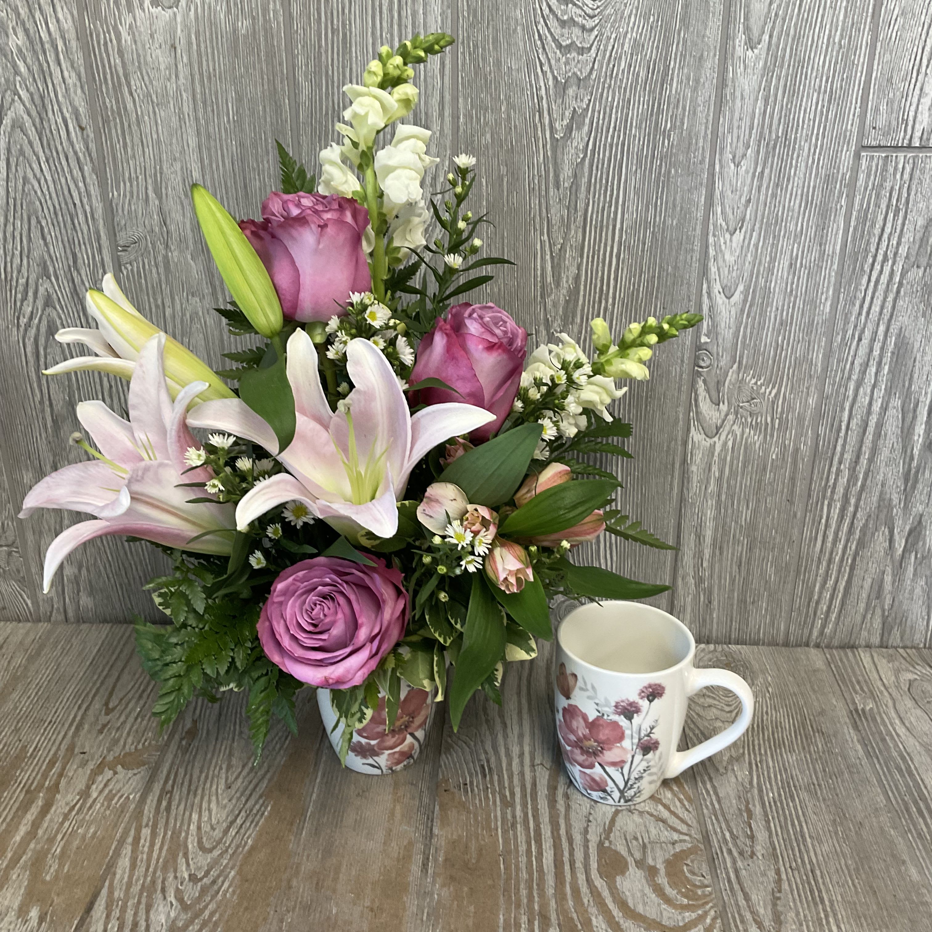Meadow Mug - Beautiful fresh cut flowers arranged in a floral ceramic mug. Flowers and colors may vary. 