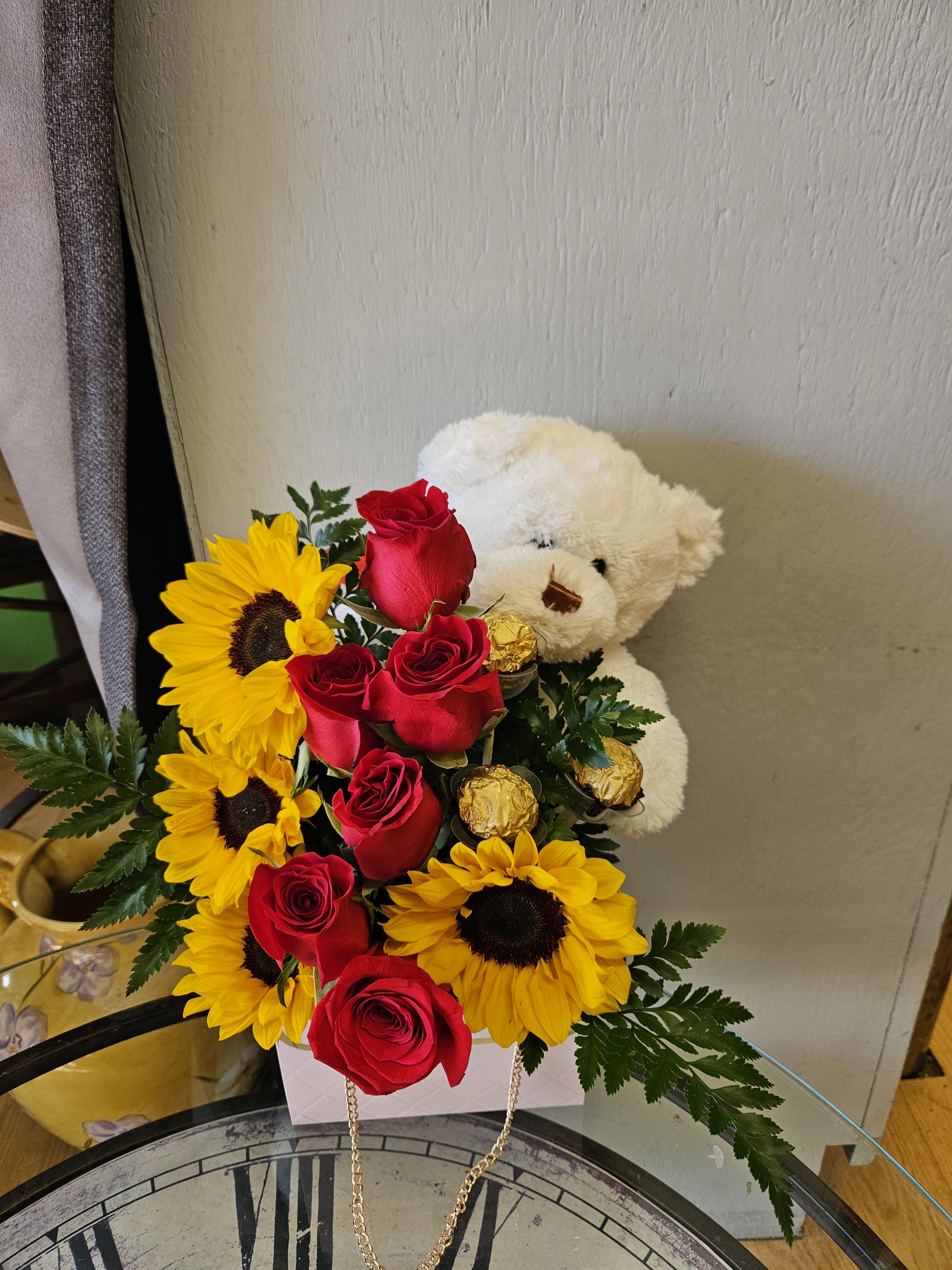 bear and sunflower arrangement - bear with roses and sunflowers