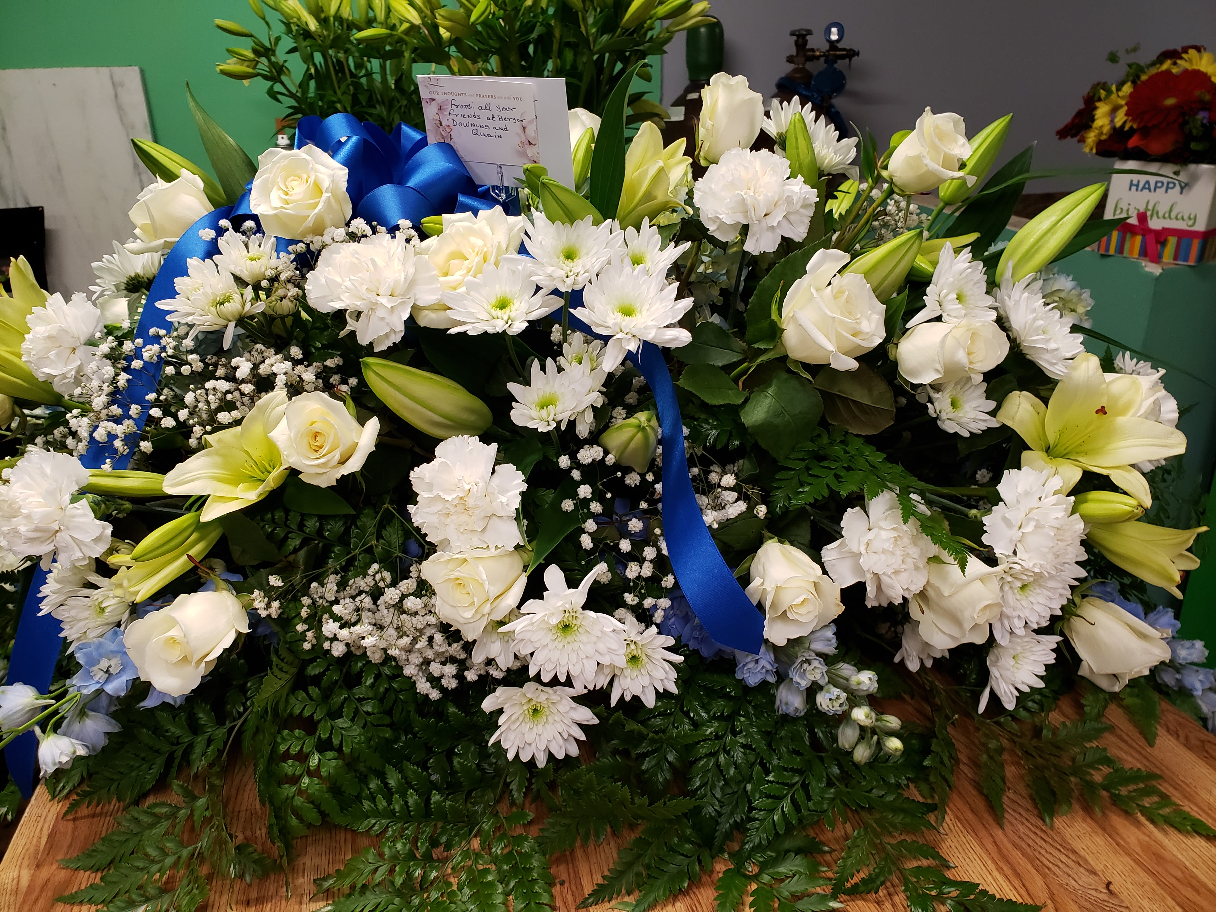 casket spray  - white daisy  white roses