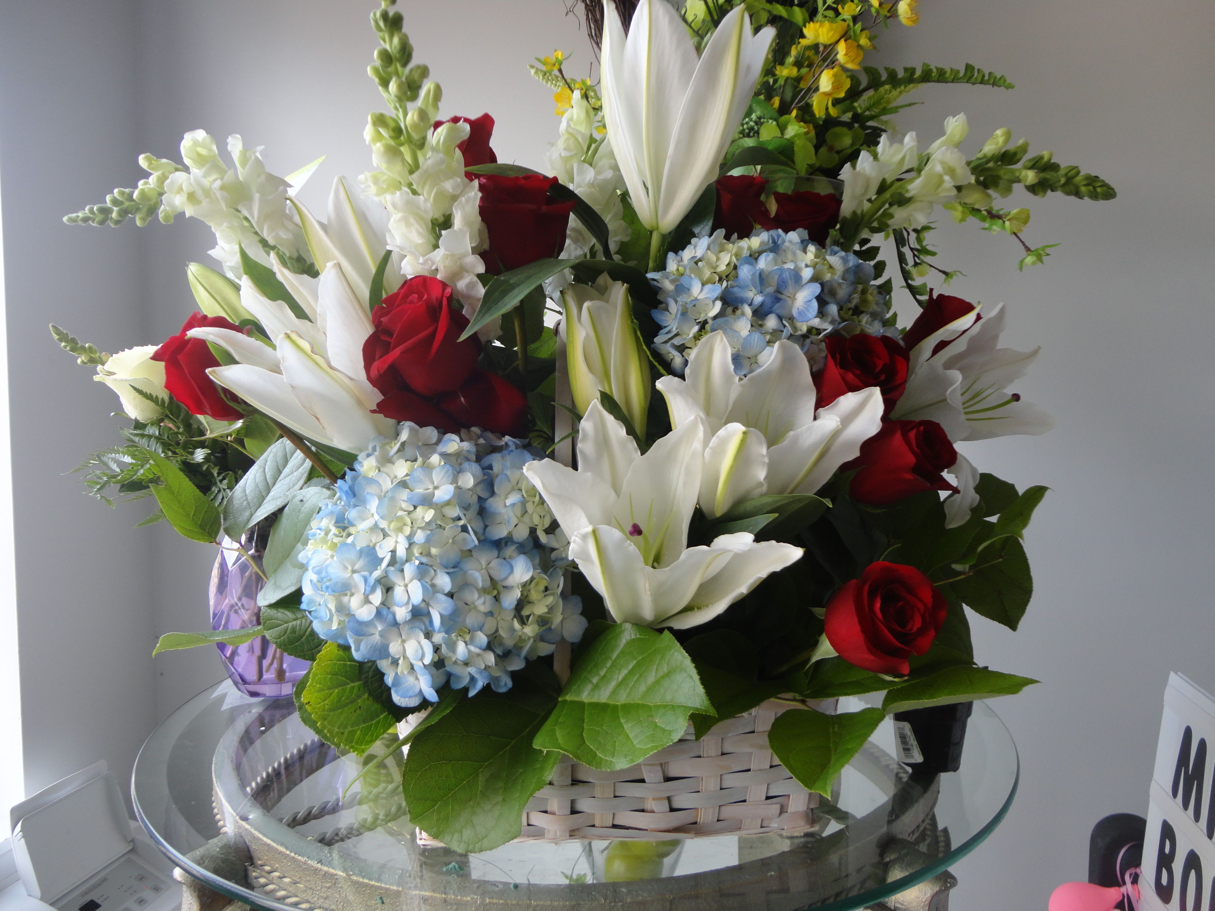 glory basket - red roses red spray rose white oriental lily  blue hydrangea 
