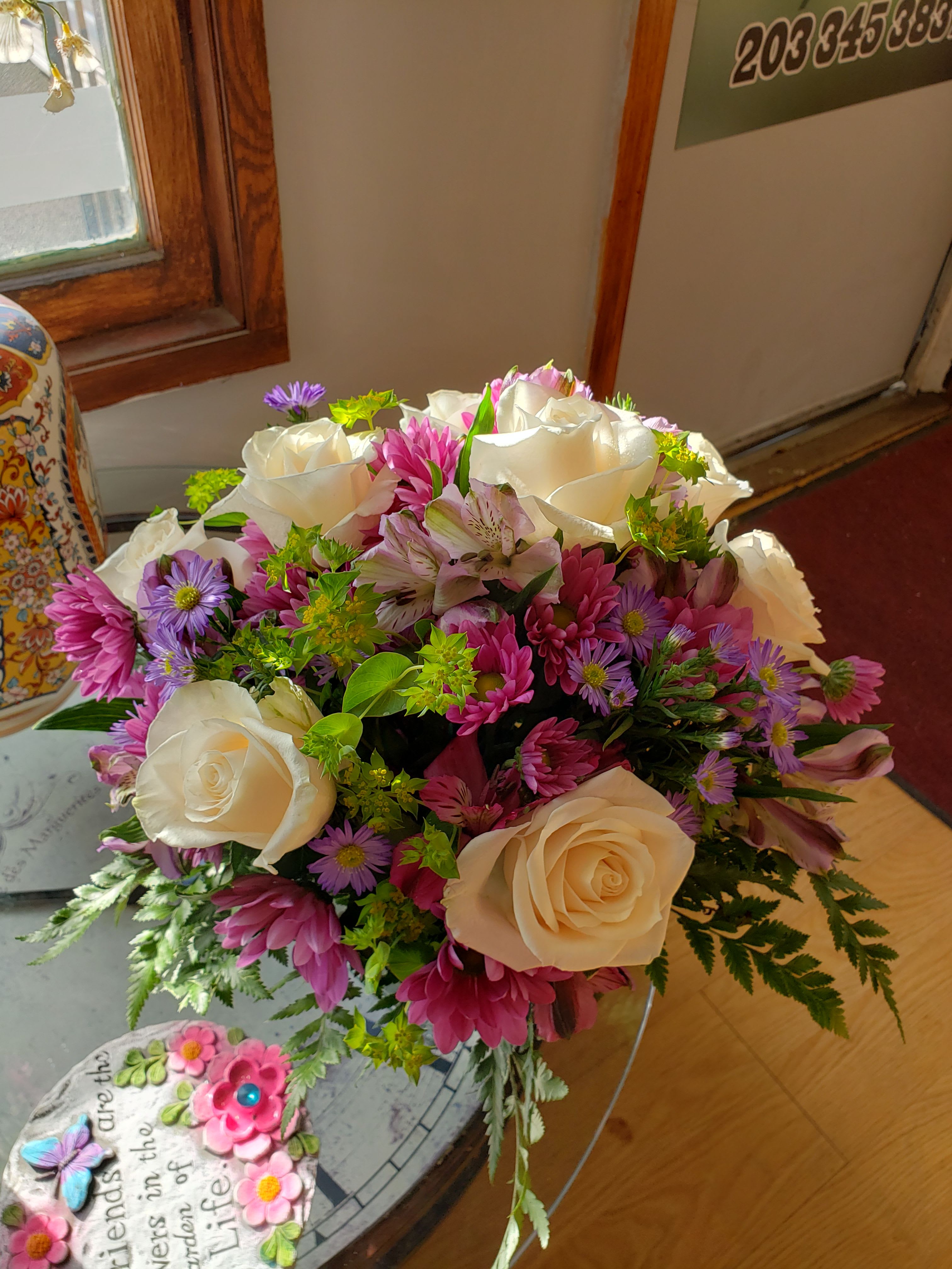 traditional bouquet - white rose, purple pompon, purple and Alstroemeria green 