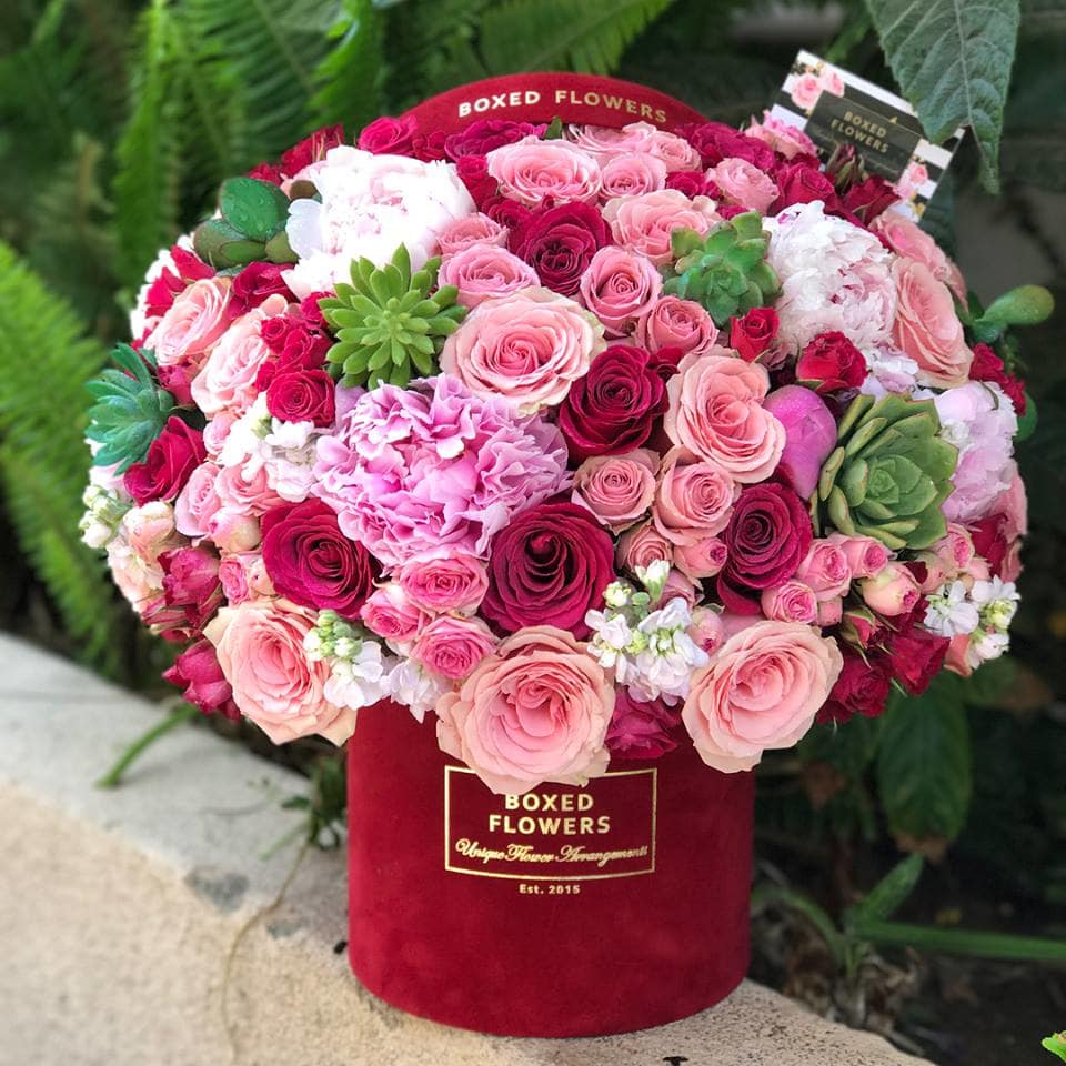 Signature Velvet Raspberry box filled with roses and succulents  - Make someones day by sending them this earthy box. Full of different types of roses and accompanied with gorgeous earthy succulents.