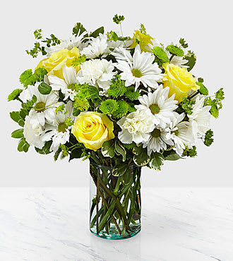 Happy Day - Yellow Roses, 	White Carnations,Green	Button Pom,White Daisy Pom