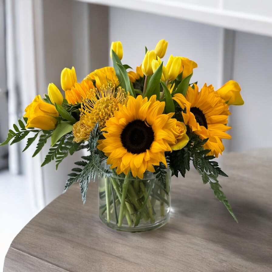 Golden Days of Summer - When you need a warm hug! Beautiful golden yellows to cheer you up or celebrate your bestie! Sunflowers, Roses, Tulips, Protea say smile!!