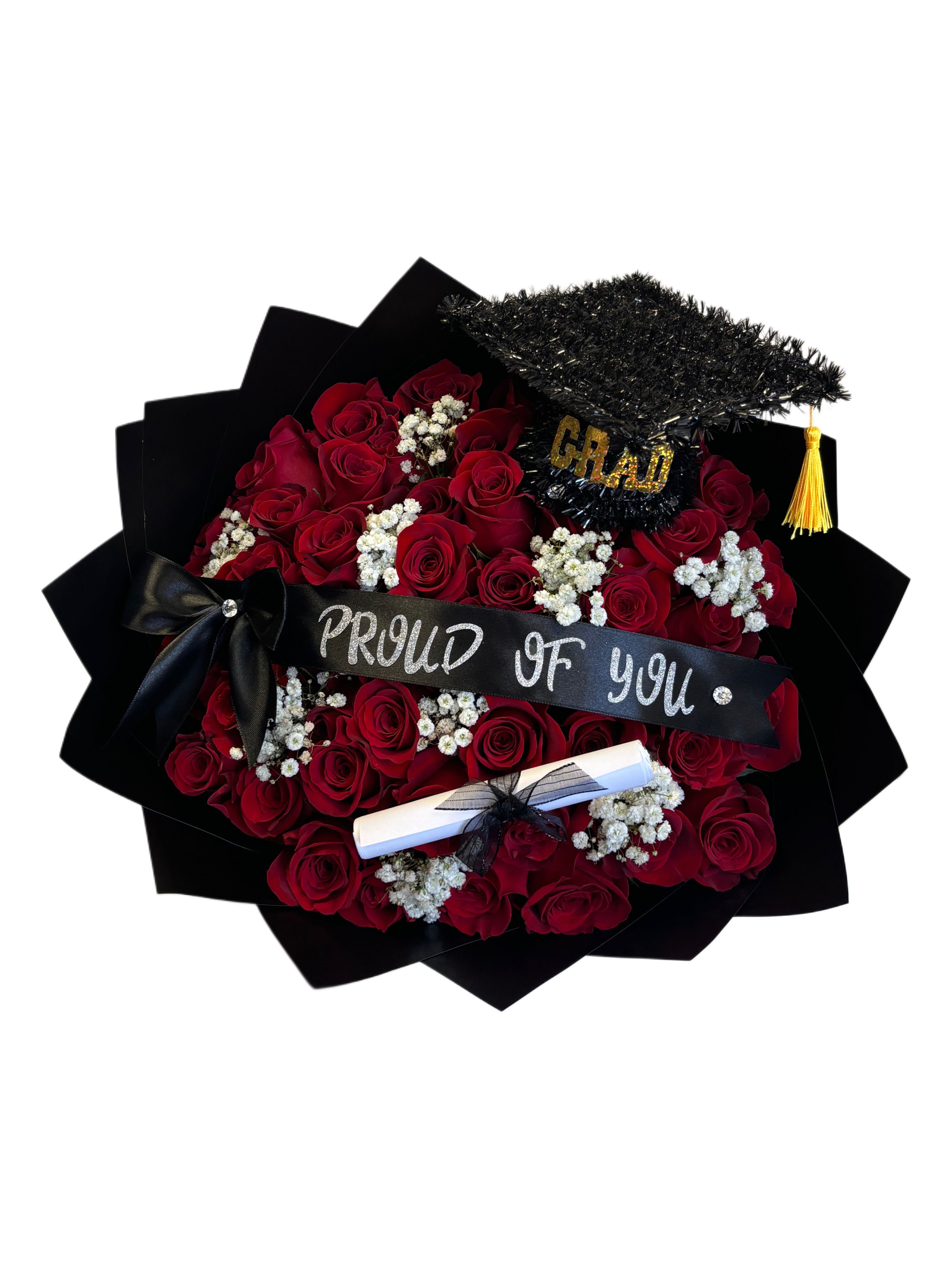Proud of you Bouquet  - “Proud of You” Graduation Bouquet  Celebrate their big achievement with this elegant bouquet of premium red roses, delicately accented with white baby’s breath. Wrapped in sleek black paper, it features a decorative graduation cap and a scroll to symbolize their success, along with a ribbon that proudly says “Proud of You.”     Perfect for honoring graduates with a touch of love, style, and meaning.