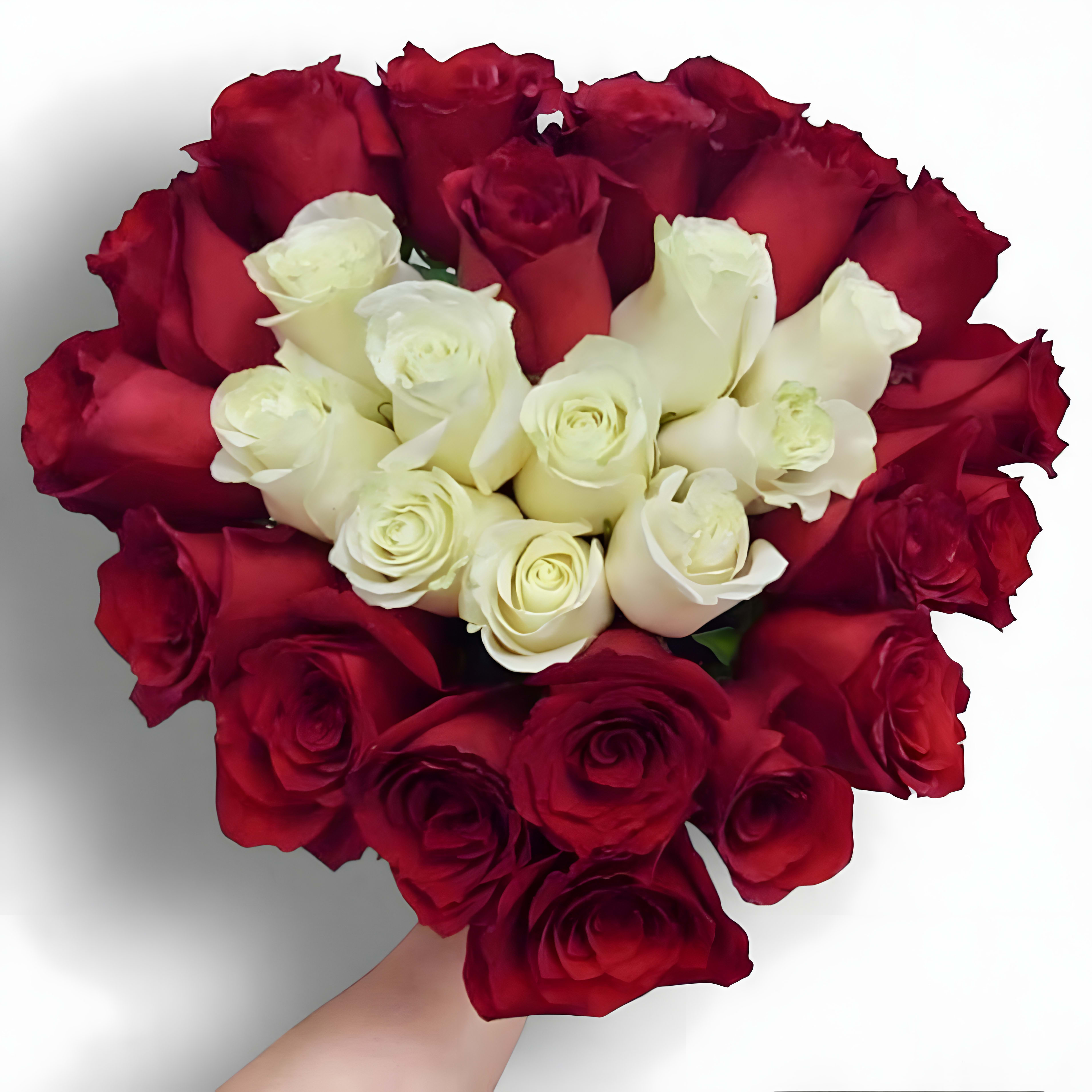 True Love - A stunning heart-shaped arrangement of red and white roses — the perfect symbol of love, passion, and purity. Available in three sizes: • Standard – 30 roses • Deluxe – 50 roses • Premium – 100 roses