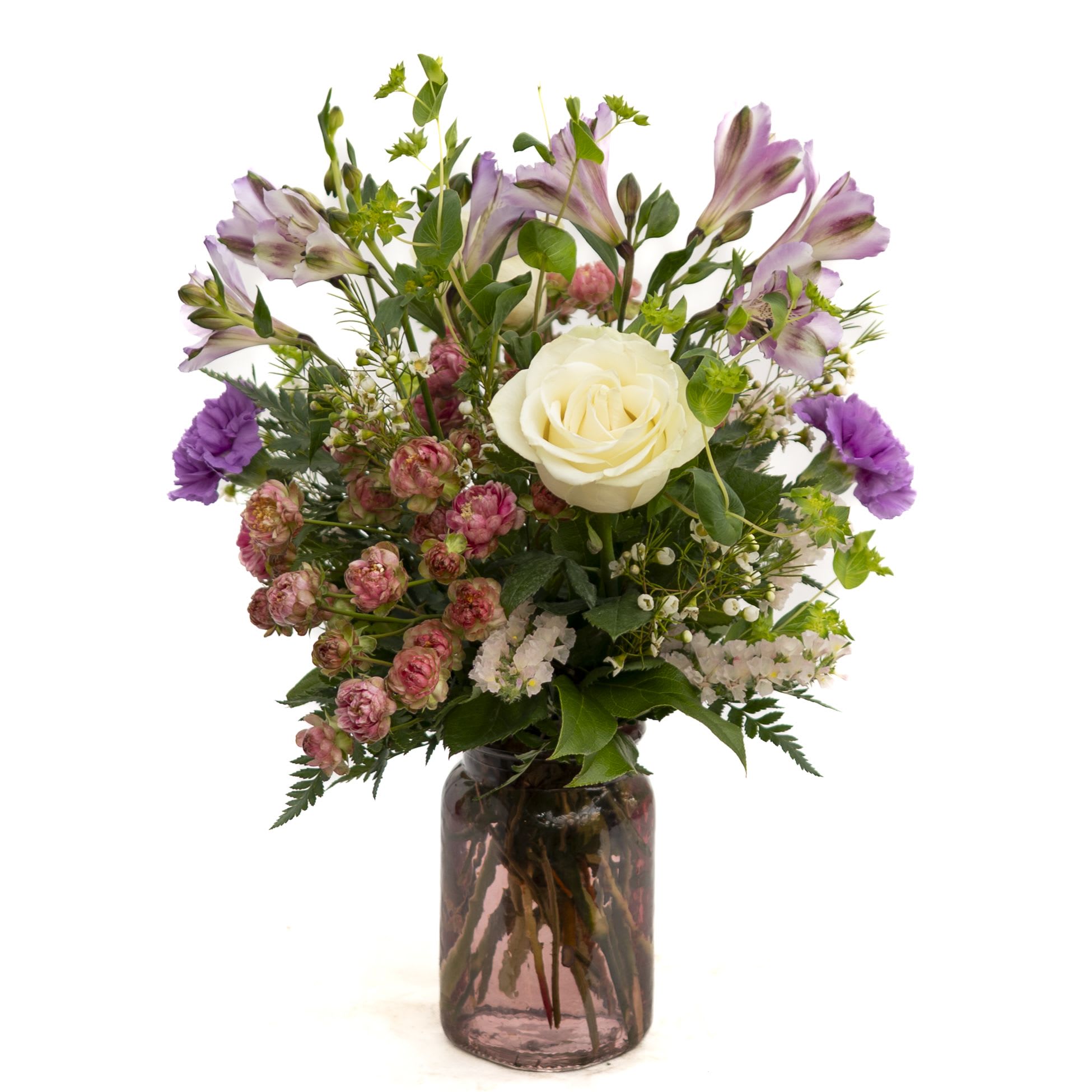 Blooms of Love - A pink vase or beautiful blooms of Spray Roses, Alstreomeria, Carnations, Roses, Statice and Waxflower