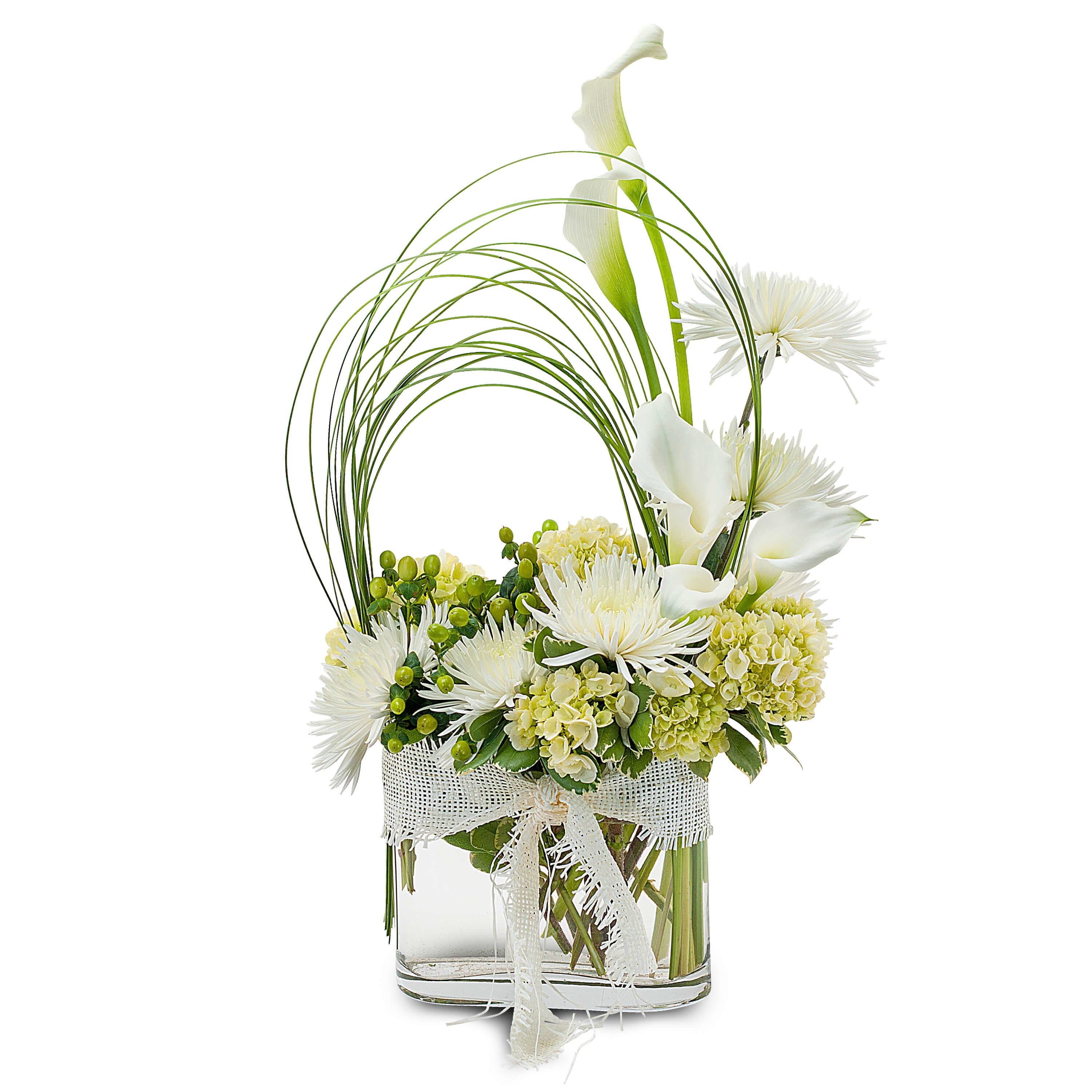 Circle of Love Circle of Love - White Calla Lilies and Spider mums, accented with berries and loops of Bear Grass create a circle of love.