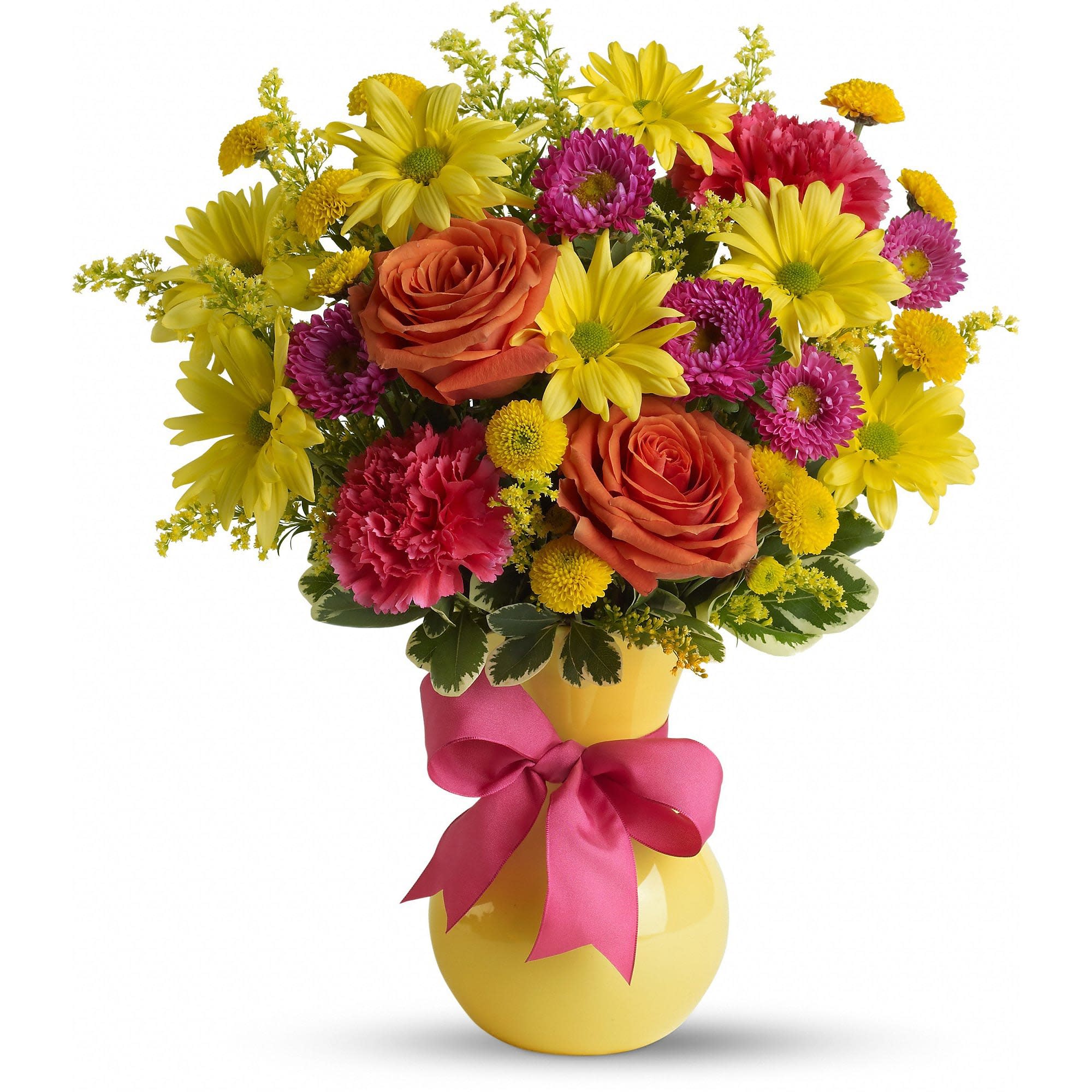 Teleflora's Hooray-diant! - It's called &quot;Hoo-radiant!&quot; The perfect name for this exuberant gift of orange roses, hot pink carnations and other favorites bursting from a sunny yellow vase they'll love. Go ahead, make their day.  