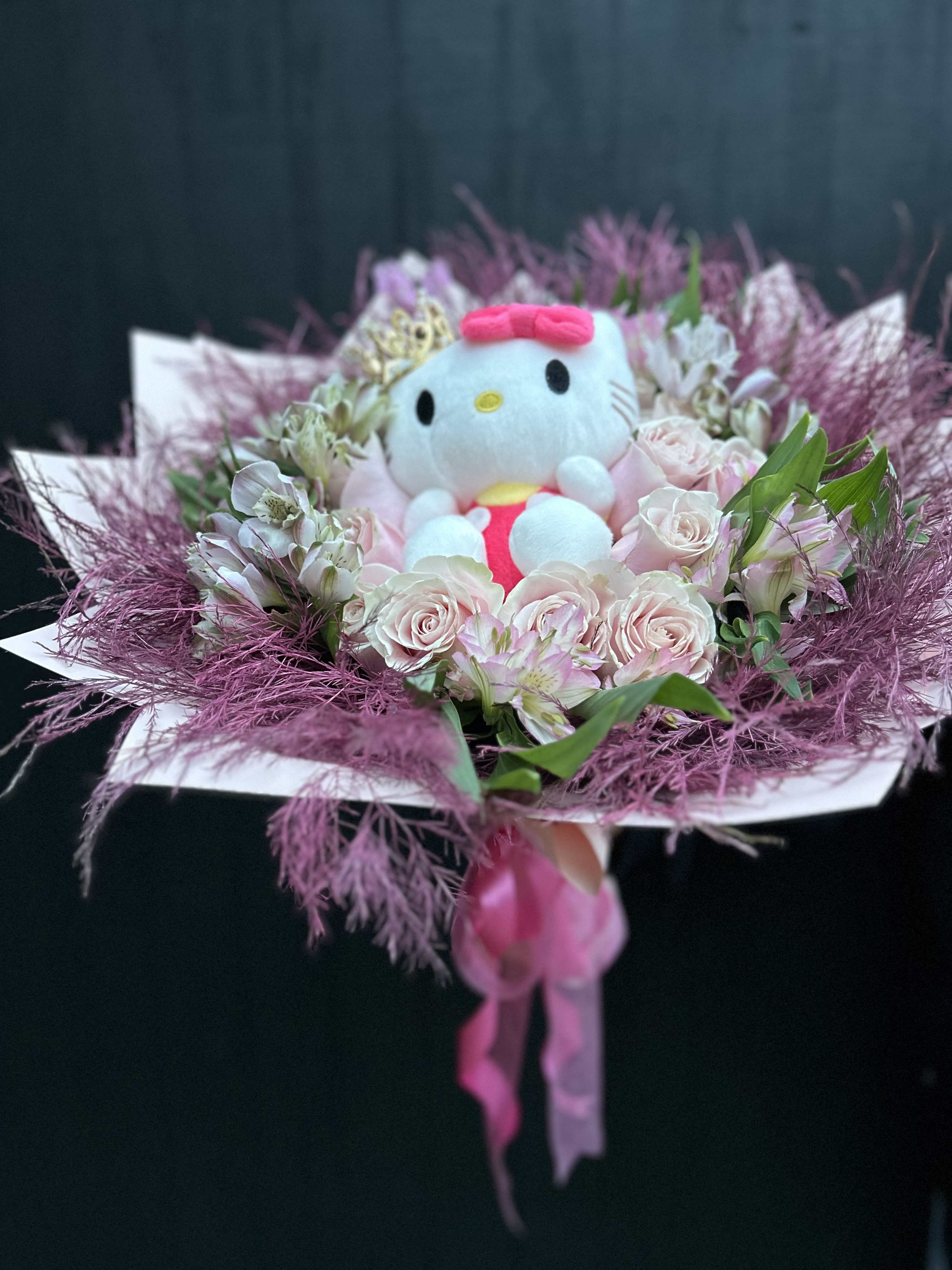 Hello Darling wrapped bouquet - Wrapped bouquet with Roses, alstroemeria, fluffy greens, and a kitty plushie.   can be made in color theme of choice.
