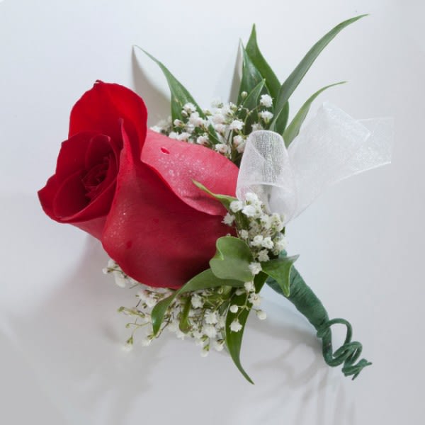 Boutonniere - Pin-on boutonniere. Please specify choices:  FLOWER (pick 1): red rose, white rose, pink rose, blue orchid, white orchid, purple orchid RIBBON (pick 1): ivory/white, red, pink, navy, royal blue, lavender/purple, silver, gold, black.  Bouts  include fillers and greenery. Examples are shown above.  ** For PICK-UP at Shop only** See Add-ons section to add a matching wrist corsage. 