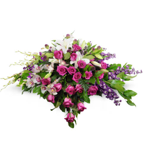 Peaceful Tribute Casket Spray Peaceful Tribute Casket Spray - Show your enduring adoration with this elegant spray. Stunning white/pink dendrobium orchids and fuchsia roses are a breathtaking display of love. Two dozen fuchsia roses make a lovely statement, arranged with dendrobium orchids, lilies, delphinium bella, and more. This arrangement is designed to rest atop the casket.