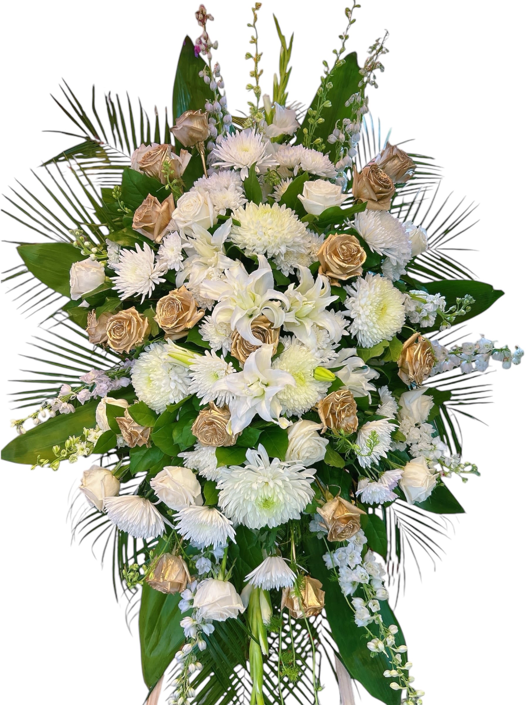 Special Gold Color Rose Sympathy Flower Stand Special Gold Color Rose Sympathy Flower Stand - This item is coming with stand If you need banner let me know Is for free Any questions call me 707-914-8106 We Will Delivery On Time And When Delivery We Will Give You Pictures