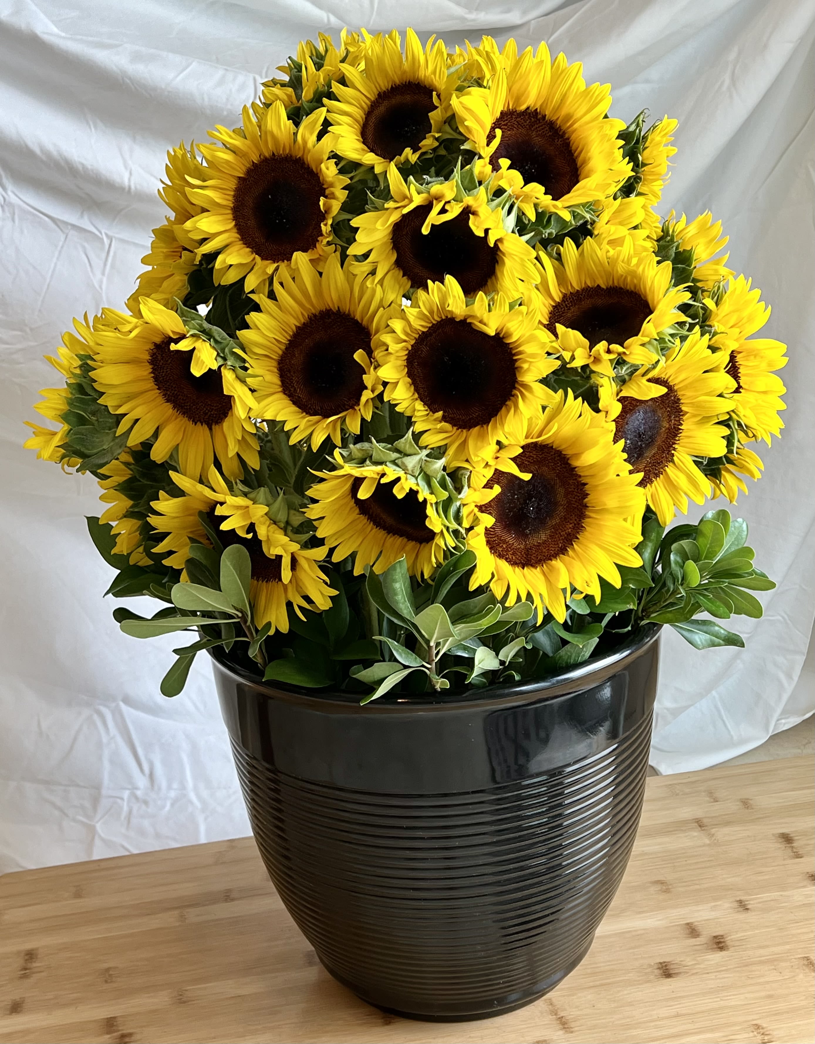 Sunflowers Galore - 40 Sunflowers arranged in a large container with greens. Makes any room glow with sunshine.