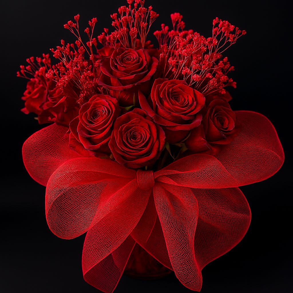 Crimson desire Bouquet - The Crimson Desire arrangement is a breathtaking masterpiece of deep red roses and preserved florals, elegantly adorned with a striking sheer red bow. 