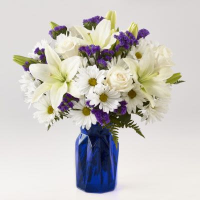 Beyond Blue bouquet  - Roses, Lilies, Daisies, statices