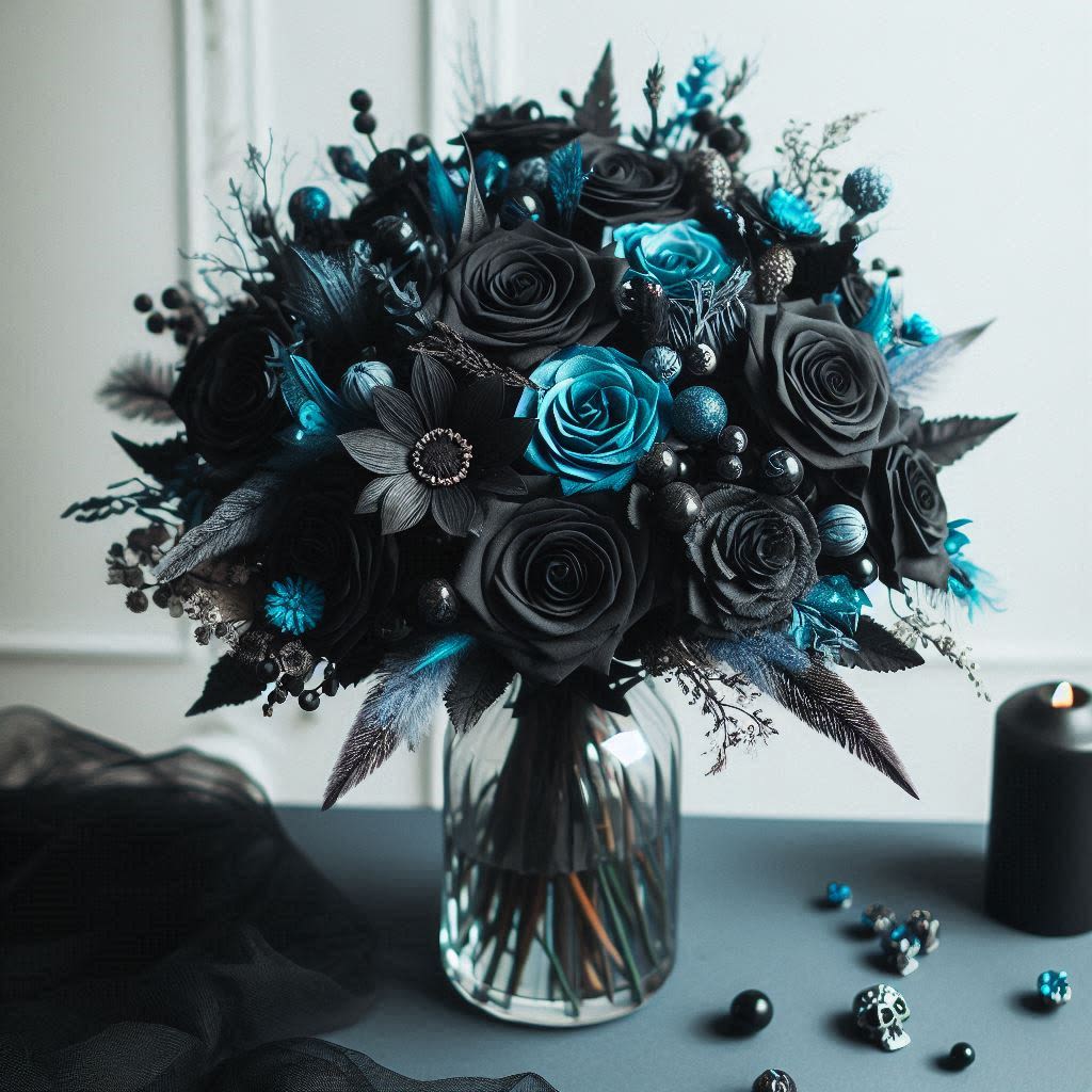 Bad Romance Bouquet by Latin Lady Flowers - This mesmerizing bouquet features a blend of deep black and vibrant blue flowers, including daisies, roses, and carnations, all thoughtfully arranged in a clear vase.   Accentuated by lush foliage, this bouquet creates a captivating contrast that will leave a lasting impression. Perfect for those who embrace the darker side of beauty, the &quot;Bad Romance&quot; bouquet is a bold statement piece that exudes both mystery and charm.   THIS PRODUCT CONTAINS PAINT, STAINS, AND/OR DYES TO PRESERVE THE COLOR THEME PRESENTED HERE. FLOWERS MAY EMIT FUMES. THE COLORS DEPICTED HERE DO NOT OCCUR IN NATURE. ALL SALES ARE FINAL. PLEASE CONTACT US FOR QUESTIONS REGARDING THIS ARRANGEMENT. 