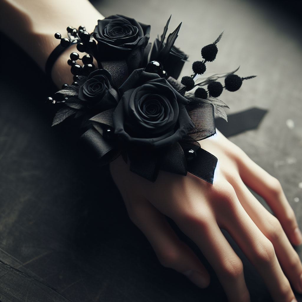 Elegant Black Rose Wrist Corsage and Boutonniere Set - Make a bold statement at your next formal event with our Elegant Black Rose Wrist Corsage and Boutonniere Set. This striking set is perfect for weddings, proms, anniversaries, and other special occasions, adding a touch of sophistication and drama to your attire.  THIS PRODUCT CONTAINS PAINT, STAINS, AND/OR DYES TO PRESERVE THE COLOR THEME PRESENTED HERE. FLOWERS MAY EMIT FUMES. THE COLORS DEPICTED HERE DO NOT OCCUR IN NATURE. ALL SALES ARE FINAL. PLEASE CONTACT US FOR QUESTIONS REGARDING THIS ARRANGEMENT. 