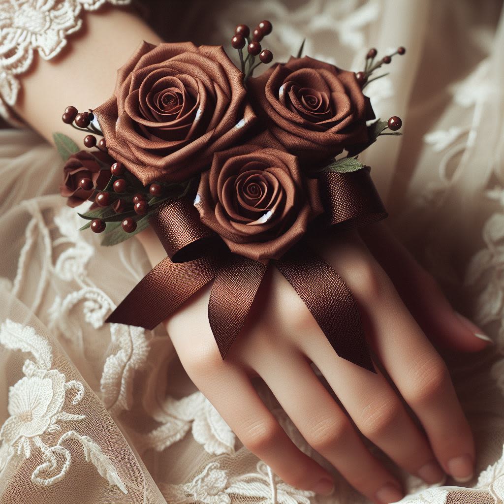 Chocolate Decadence Wrist Corsage and Boutonniere Set - Indulge in the luxurious elegance of our Chocolate Decadence Wrist Corsage and Boutonniere Set. Perfect for weddings, proms, anniversaries, and other formal events, this set adds a touch of rich sophistication to your attire.   THIS PRODUCT CONTAINS PAINT, STAINS, AND/OR DYES TO PRESERVE THE COLOR THEME PRESENTED HERE. FLOWERS MAY EMIT FUMES. THE COLORS DEPICTED HERE DO NOT OCCUR IN NATURE. ALL SALES ARE FINAL. PLEASE CONTACT US FOR QUESTIONS REGARDING THIS ARRANGEMENT. 