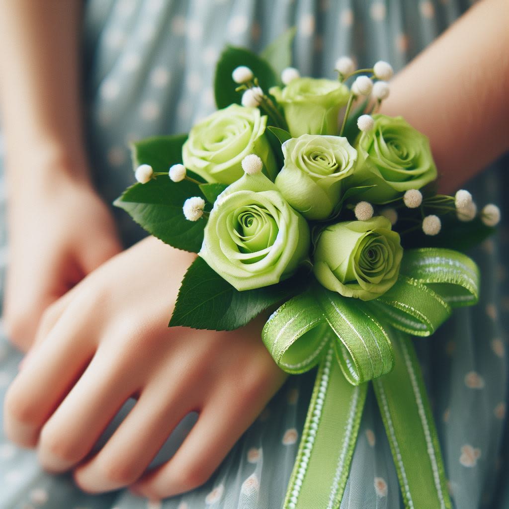 Jade Elegance Wrist Corsage and Boutonniere Set - Elevate your special occasions with our stunning Jade Elegance Corsage. Perfect for weddings, proms, anniversaries, and other formal events, this corsage adds a touch of sophistication and charm to your attire.  THIS PRODUCT CONTAINS PAINT, STAINS, AND/OR DYES TO PRESERVE THE COLOR THEME PRESENTED HERE. FLOWERS MAY EMIT FUMES. THE COLORS DEPICTED HERE DO NOT OCCUR IN NATURE. ALL SALES ARE FINAL. PLEASE CONTACT US FOR QUESTIONS REGARDING THIS ARRANGEMENT. 