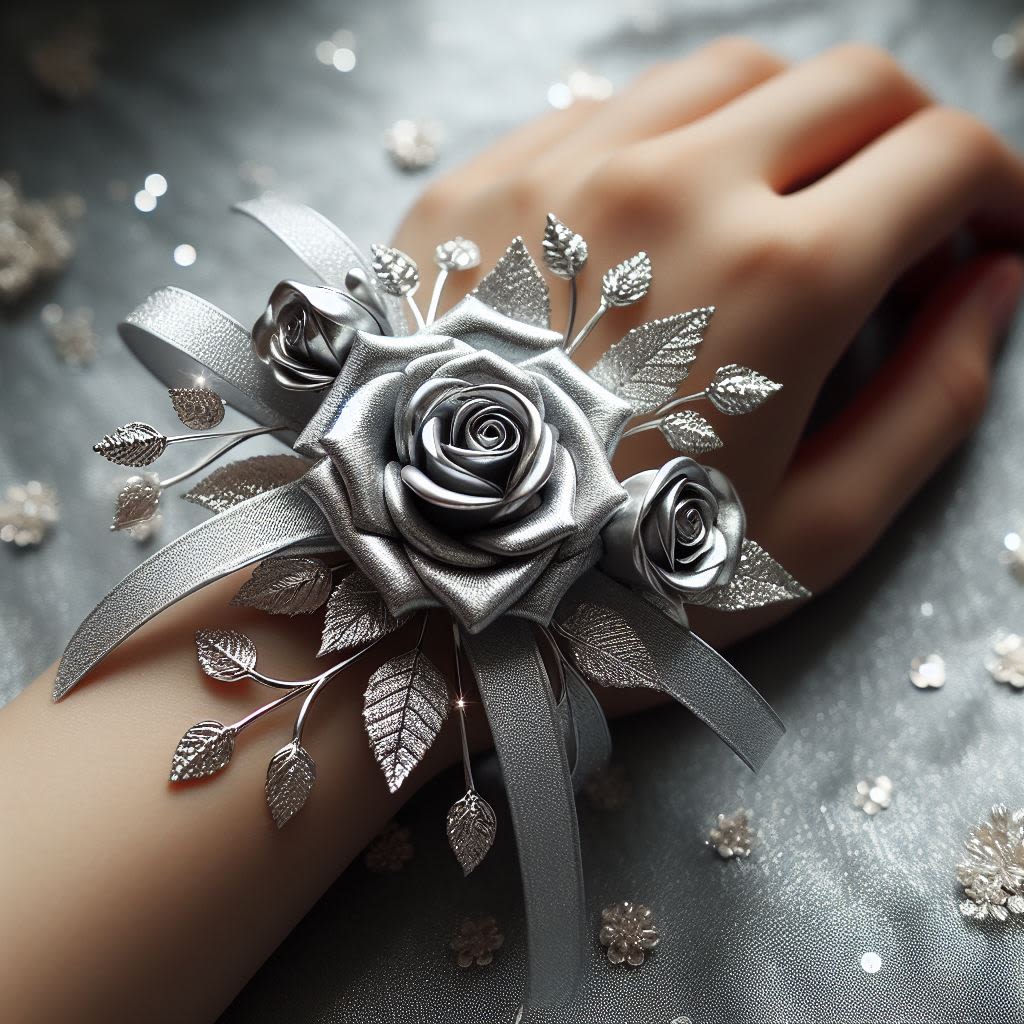 Silver Elegance Corsage and Boutonniere Set - Add a touch of modern elegance to your special occasions with our Silver Elegance Corsage Set. Perfect for weddings, proms, anniversaries, and other formal events, this corsage is designed to make a striking statement.  THIS PRODUCT CONTAINS PAINT, STAINS, AND/OR DYES TO PRESERVE THE COLOR THEME PRESENTED HERE. FLOWERS MAY EMIT FUMES. THE COLORS DEPICTED HERE DO NOT OCCUR IN NATURE. ALL SALES ARE FINAL. PLEASE CONTACT US FOR QUESTIONS REGARDING THIS ARRANGEMENT. 