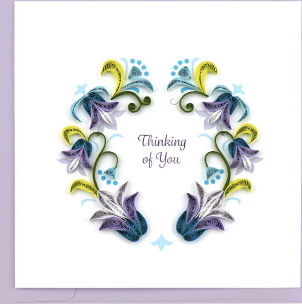 Thinking of You Greeting Card Thinking of You Greeting Card - The Quilled Thinking of You Card is a beautiful way to tell your friends or loved ones that they are in your thoughts. This card contains two vines of colorful quilled flowers with the words, thinking of you in the middle. Tell them they are in your thoughts Outside Copy: Thinking of You Inside Copy: Blank plus additional blank insert to write your own message on Size: 6 in. x 6 in. Envelope Color: Purple