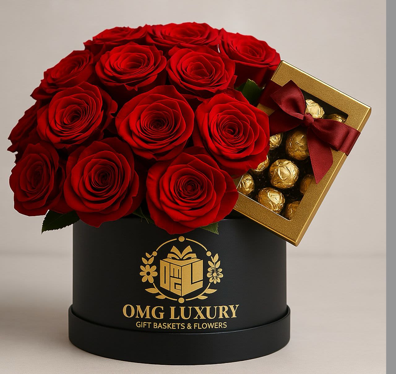 Signature Round Box with preserve Roses - Make a lasting impression with this luxurious arrangement of deep preserve red roses beautifully presented in a black round OMG Luxury hatbox. Paired with a gold gift box of Ferrero Rocher chocolates and finished with a burgundy ribbon, this romantic combo is perfect for Valentine’s Day, anniversaries, birthdays, or elegant surprises. Handcrafted for the one who deserves only the best.