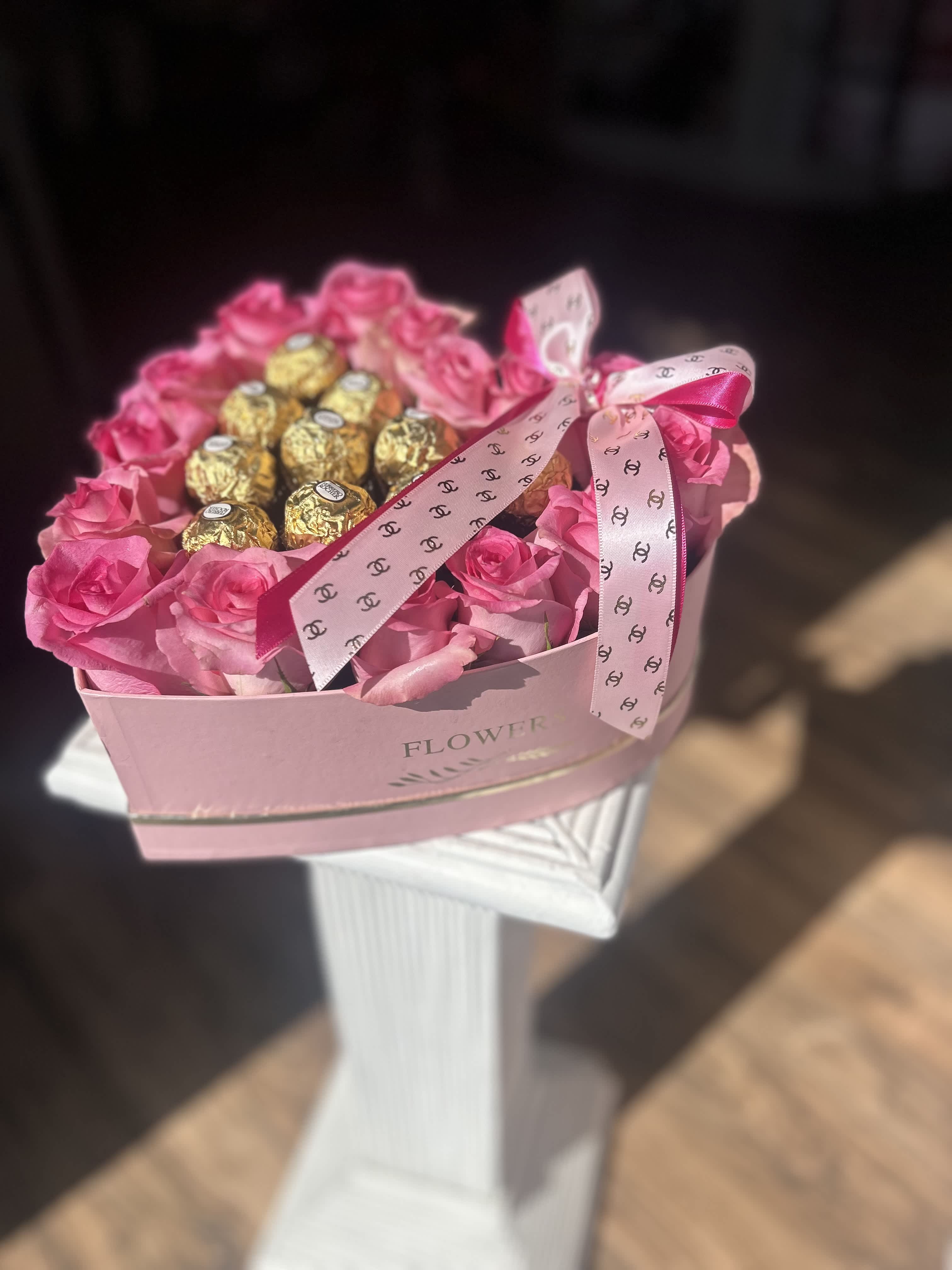 Everything Pink Heart Box - Pink lovers will definately love this design. Pink roses and Ferrero Rocher Chocolates