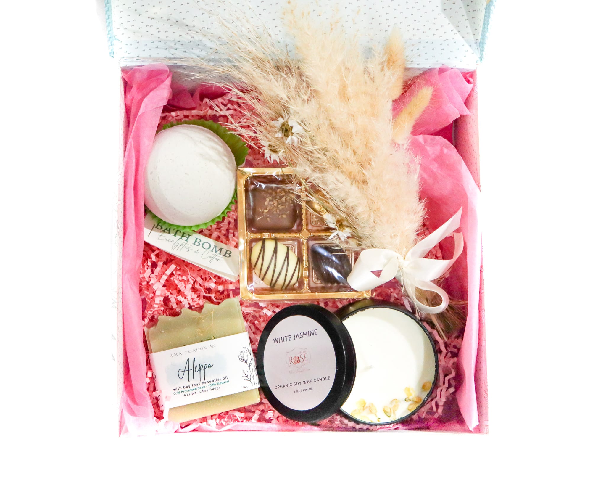 White Jasmine Gift Box  - Featuring White Jasmine Organic Soy Candle, Organic Eucalyptuses &amp; Cotton bath boom, organic made Aleppo all natural hand soap, Belgian chocolate and hand tied dried flower bouquet.