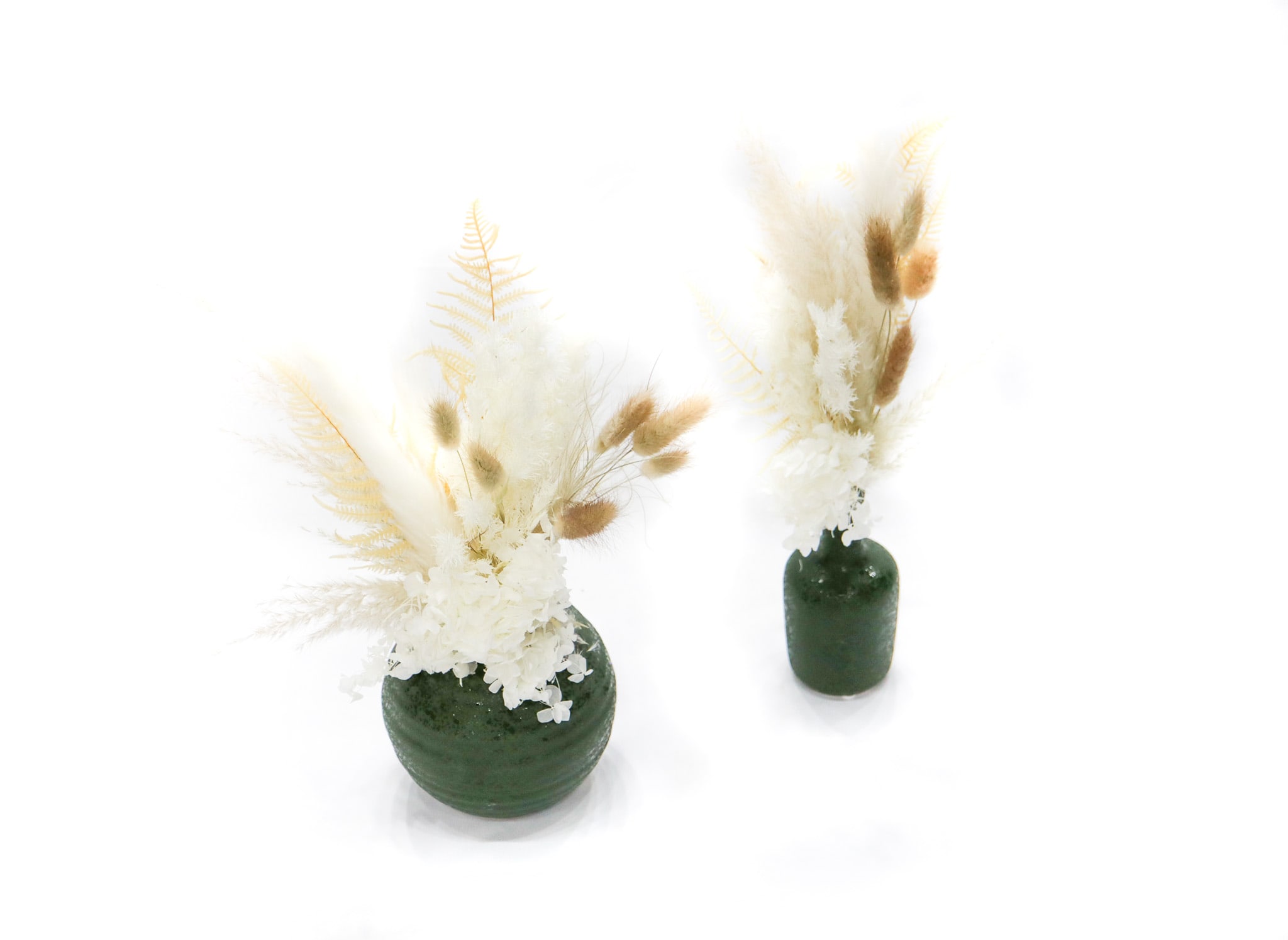 Dried Flowers Duo - Everlasting flower in green ceramic vase. Comes as a set.