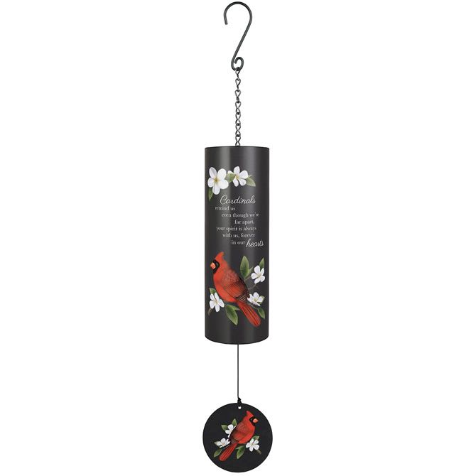 Eckert Florist's Red Cardinal Black Cylinder Wind Chime *OUR LOCAL DELIVERY ONLY - Approx. 34.5&quot; total Length by 4.5 Diameter Sentiment on cylinder: &quot;Cardinals remind us even though we're far apart, your spirit is always with us, forever in our hearts.&quot; Our Local Delivery Only 
