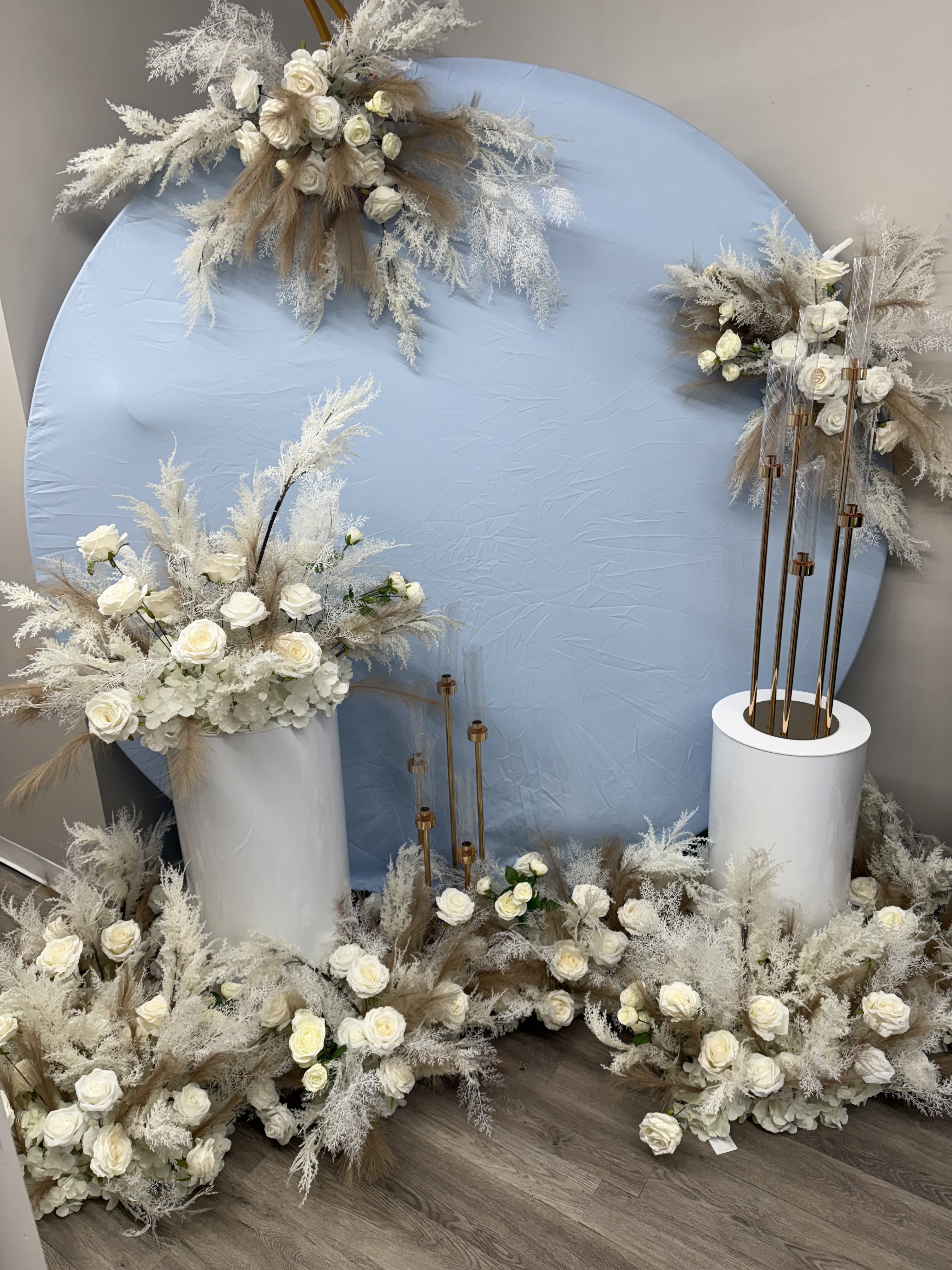 Pampas &amp; Silk Rose Look  - Crème roses and beige pampas with other silk florals paired with our 7.2ft Round Arch. You may customize the arch cover with your color as well as custom letters 