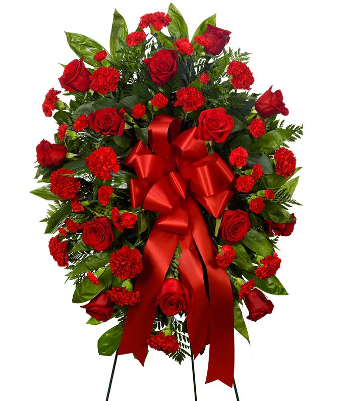 Red sympathy standing spray Red sympathy standing spray - Red Roses and Red carnations