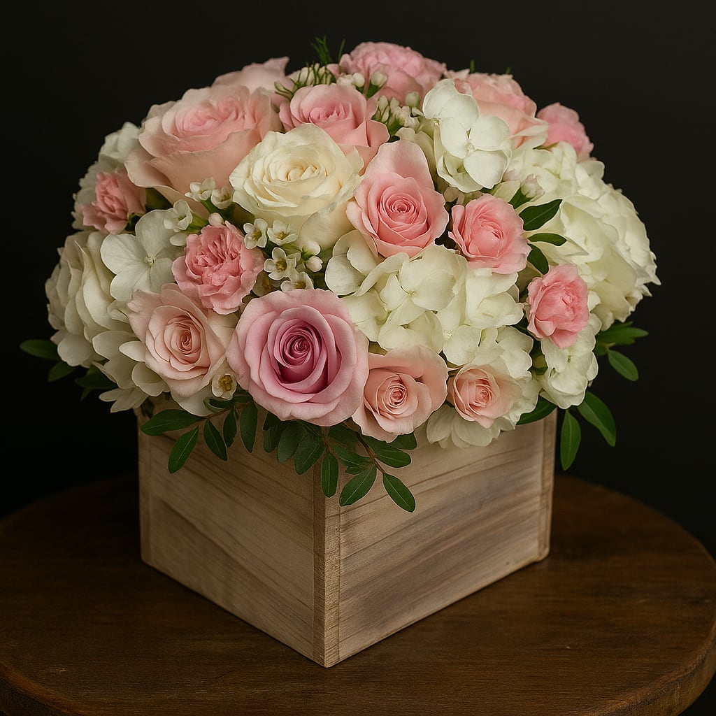 Blush Harmony - Bring elegance and softness to any moment with Blush Harmony, a handcrafted floral arrangement featuring delicate blush pink roses, creamy white hydrangeas, soft spray roses, and mini carnations, all nestled in a rustic wooden box. Perfect for birthdays, baby showers, anniversaries, or simply to say “you’re loved.”  This romantic and timeless piece is a favorite among OMG Luxury customers for its gentle palette and natural charm. Available for delivery in Miami-Dade &amp; Broward. Custom notes available upon request.