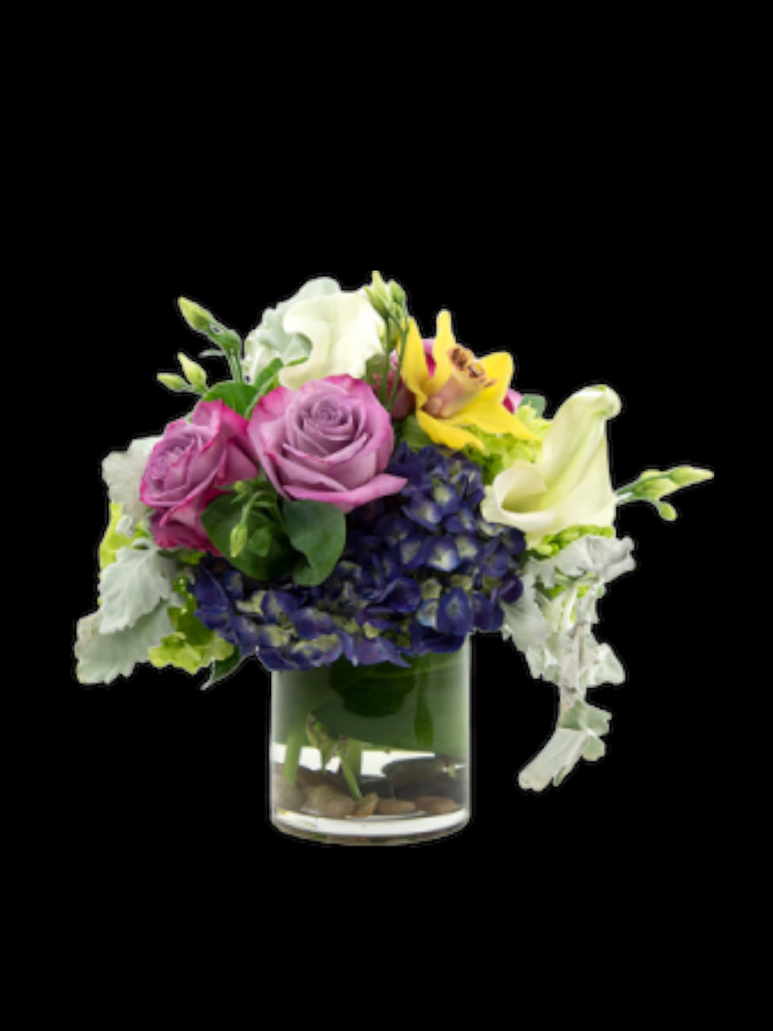 BELLISSIMA - Purple, Lime green Hydrangea, white calla lily, bloom of yellow orchid , round bouquet 